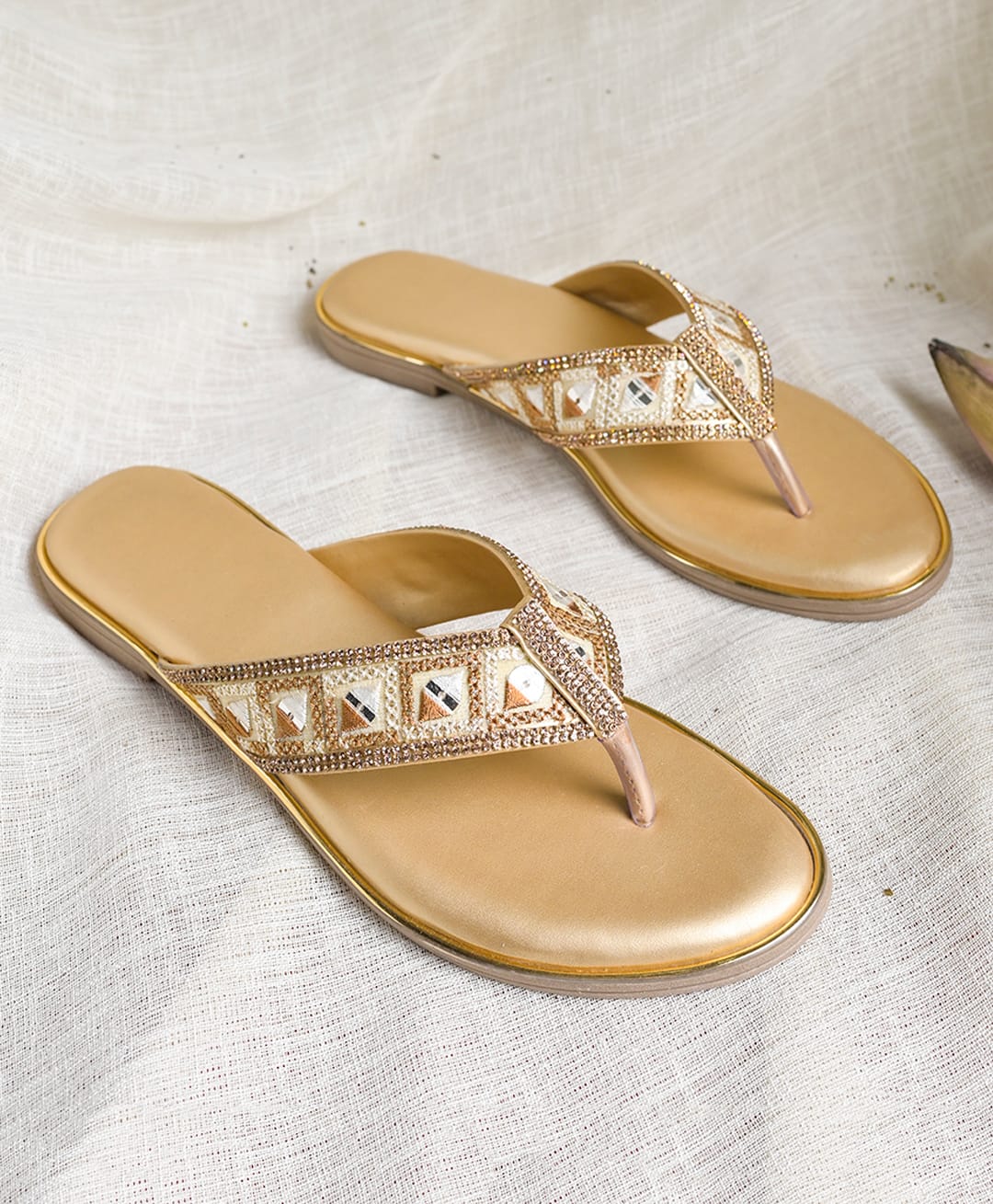 NZS Handcrafted Stone Embellished Mirror Work Detailed Sandals - Golden-picture-22