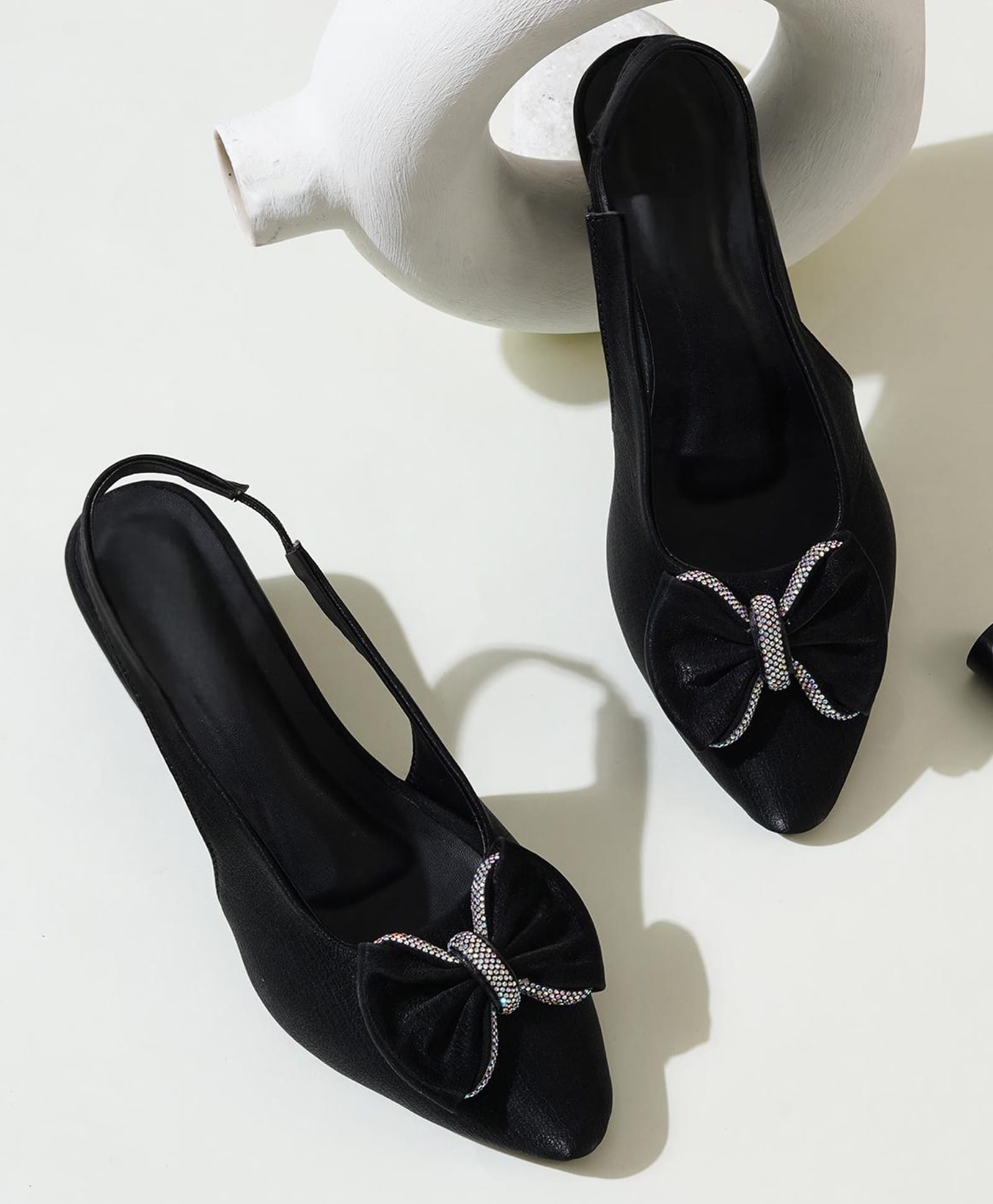 NZS Bow Applique Detailed Stone Embellished Slingback Heel Sandals - Black-picture-20