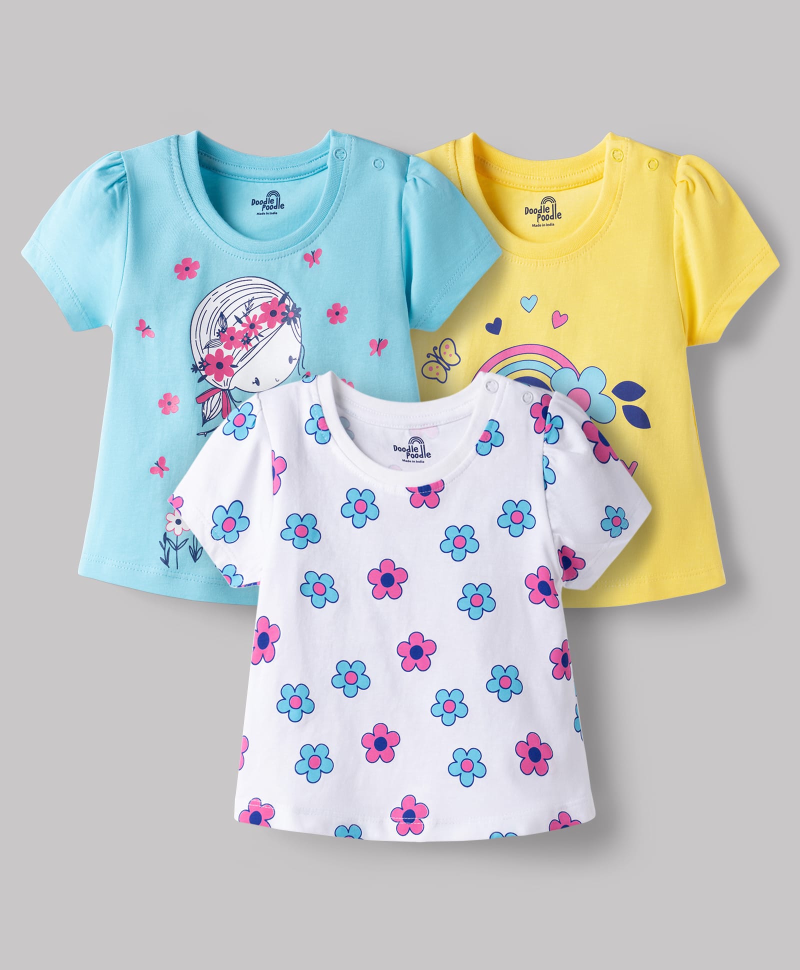 Doodle Poodle Single Jersey Knit Half Sleeves T-Shirts With Floral Print Pack of 3 - Blue Radiance Bright White Dragon Yellow-image-8
