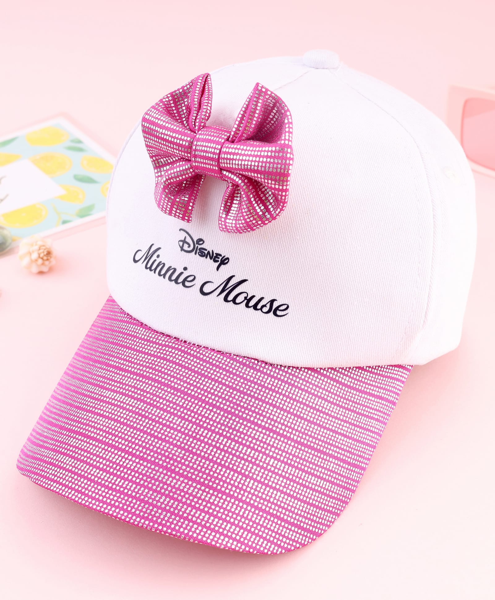 Babyhug Disney Cotton Woven Summer Cap With Minnie Mouse Graphics & Bow Applique Multicolor - Diameter 19 cm