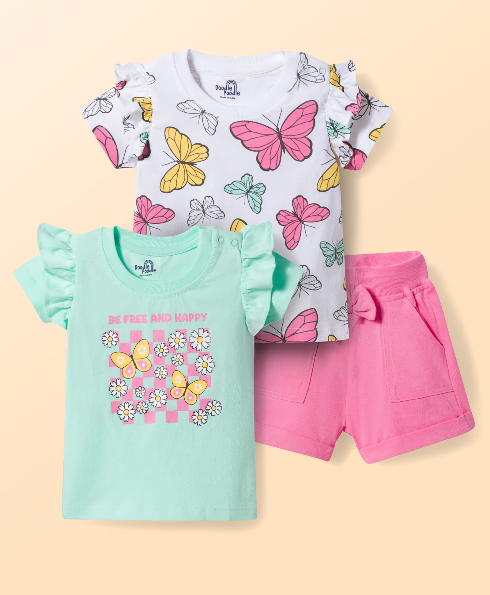 Doodle Poodle 100% Cotton Knit Half Sleeves Butterfly Printed Top & Shorts Set - Pink & White-image-36