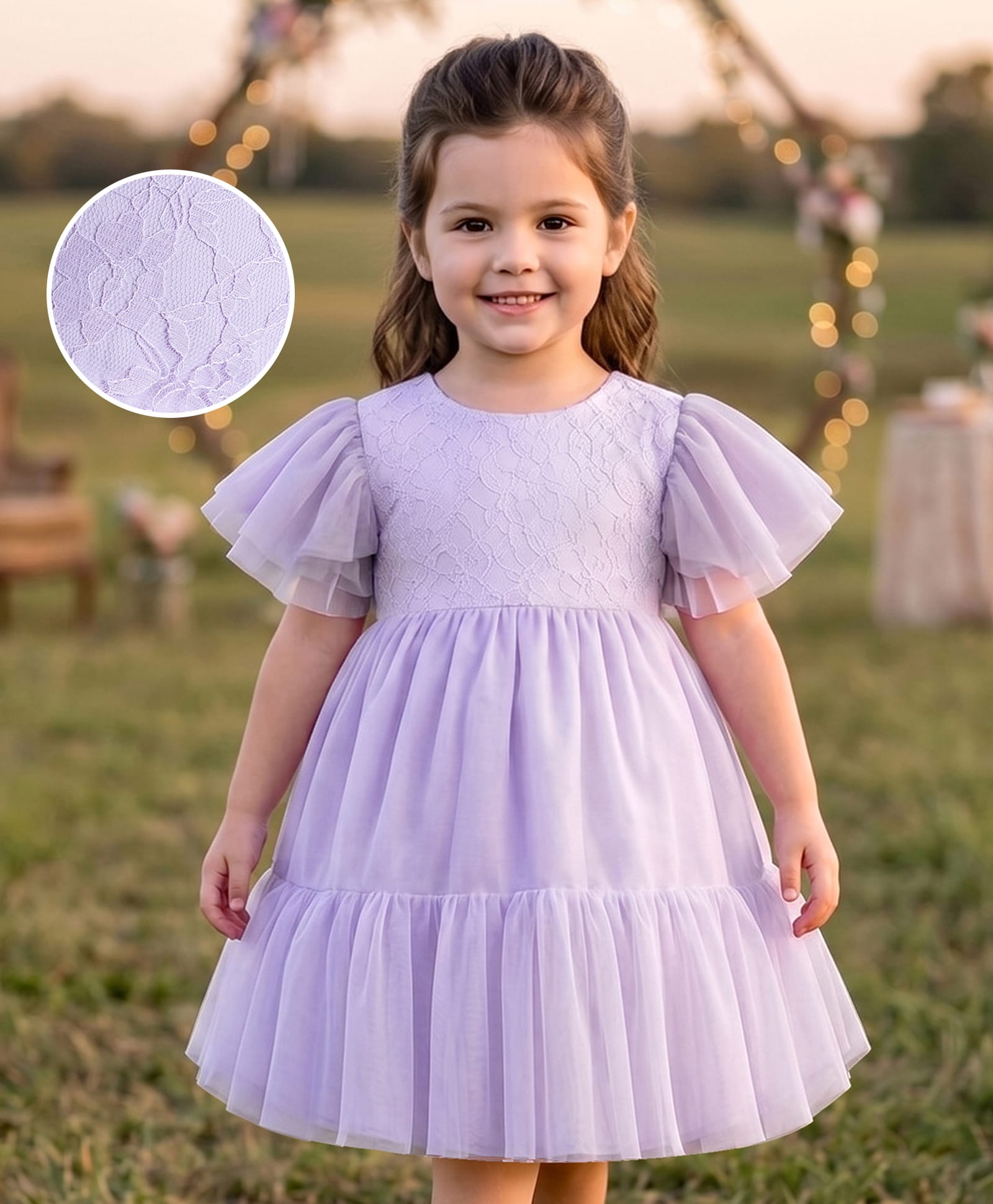 Kookie Kids Woven Half Flutter Sleeves Solid Colour Tiered Party Dress with Floral Detailing - Lavender-image-37