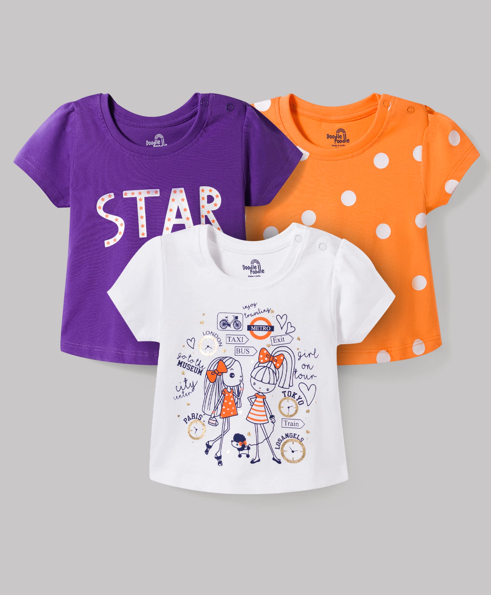 Doodle Poodle Single Jersey Knit T-Shirts Half Sleeves Printed Pack of 3 - Violet White & Orange-image-41