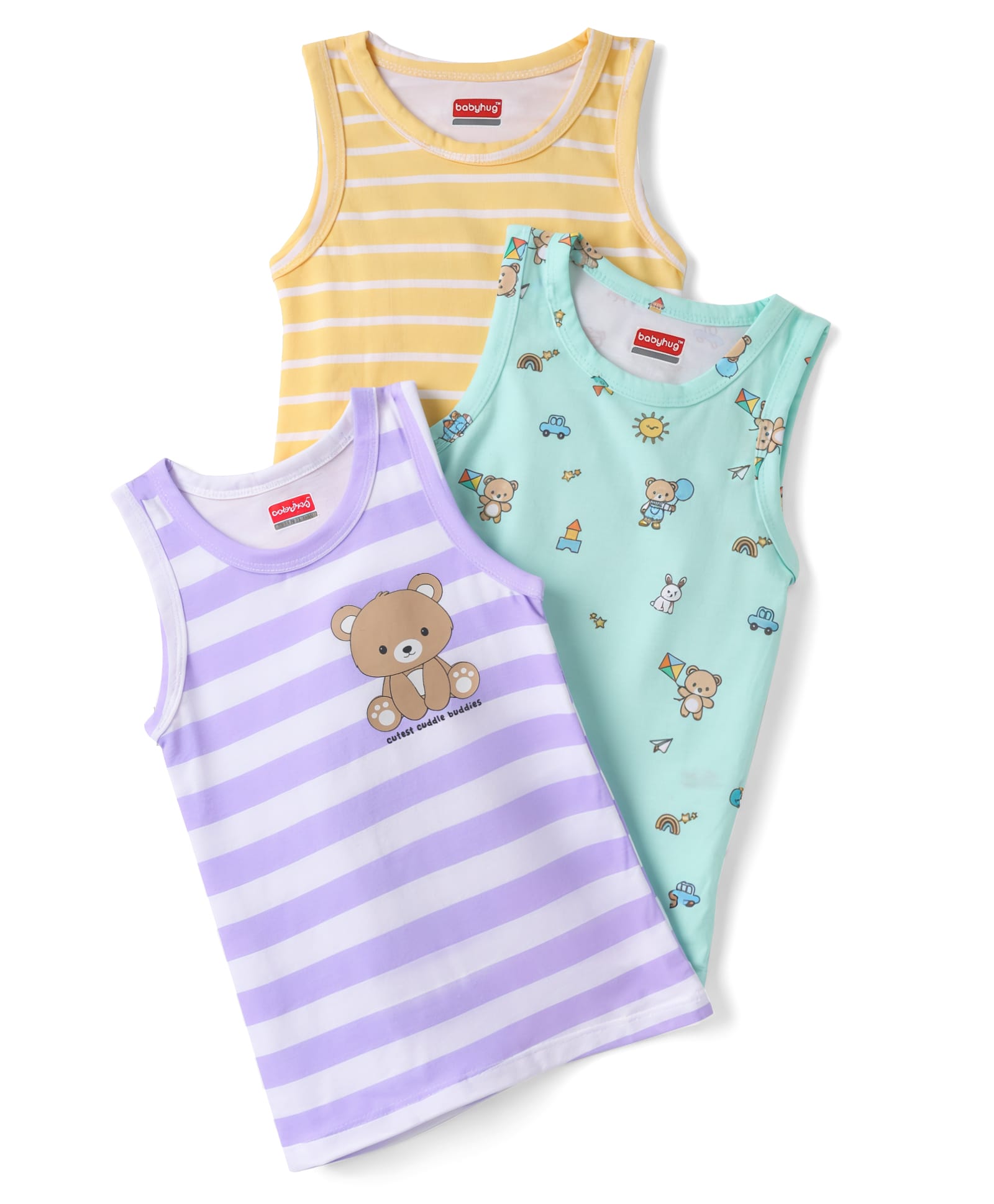 Babyhug 100% Cotton Antibacterial Sleeveless Striped Vests With Bear Print Pack of 3 - Multicolor-image-44