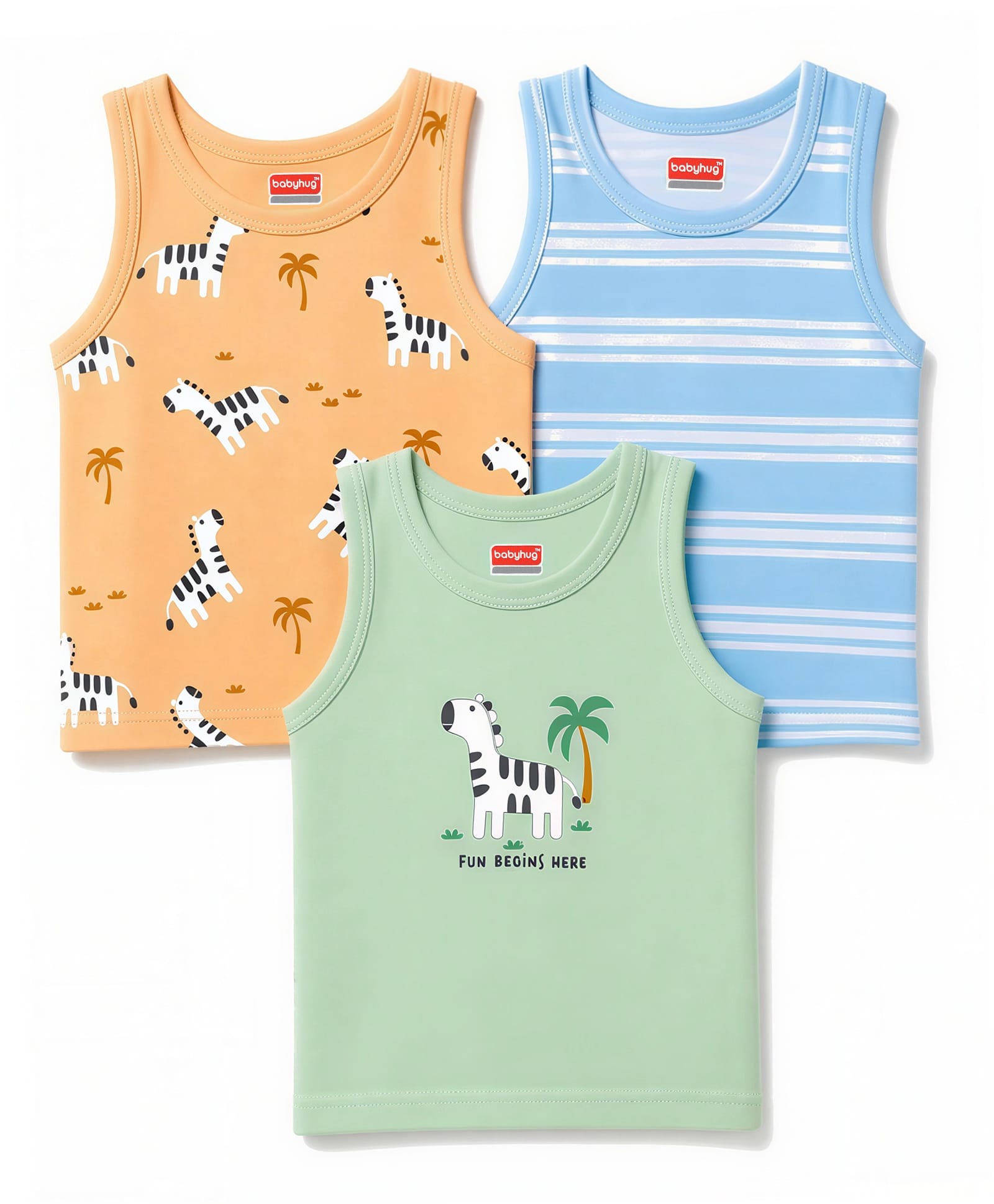 Babyhug 100% Cotton Knit Sleeveless Striped & Zebra Printed Anti Bacterial Sando Vests Pack Of 3 - Light Blue Orange & Green-image-14