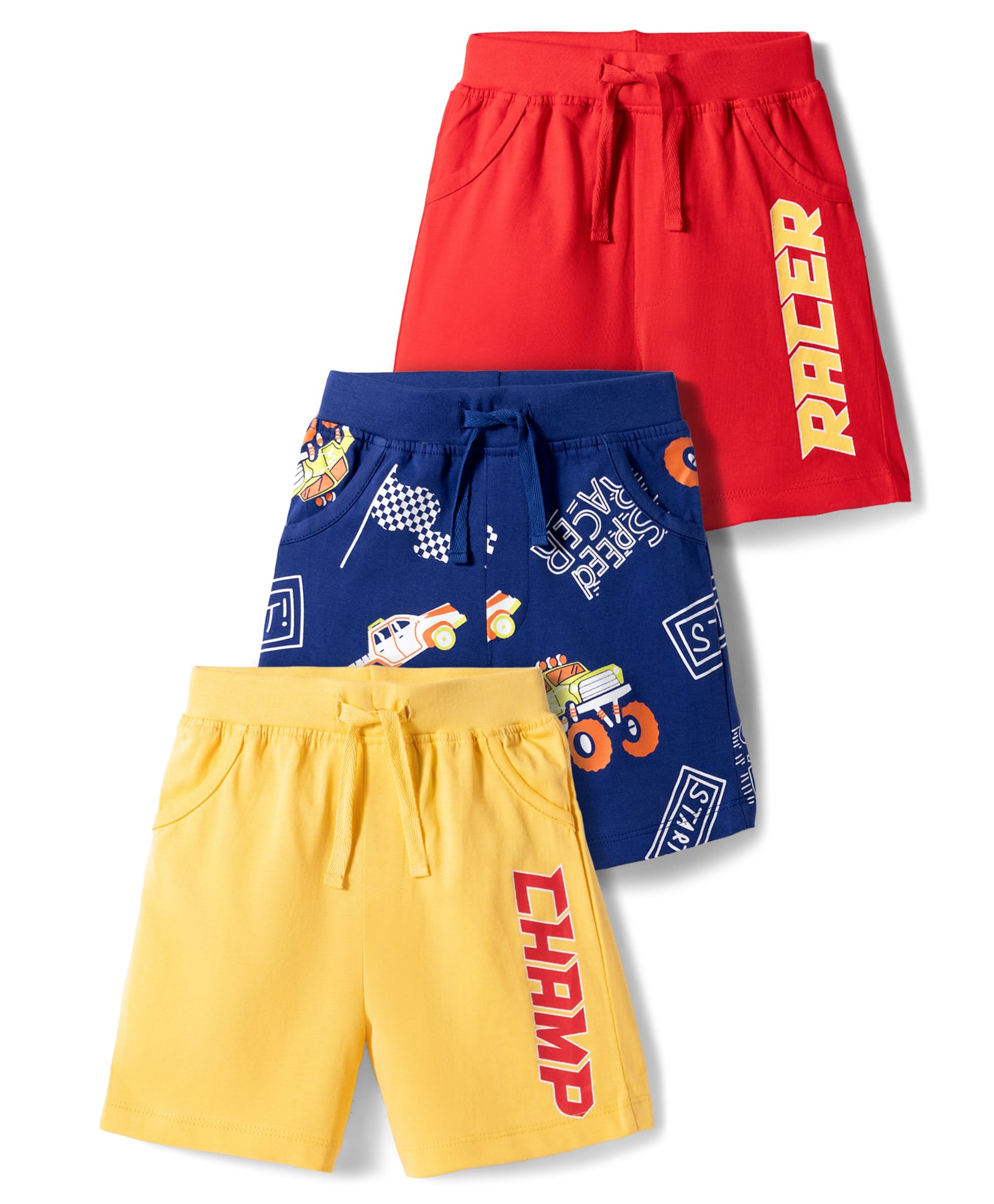 Doodle Poodle 100% Cotton Knit Knee Length Shorts with Racing Print Pack of 3 - Yellow Navy Blue & Red-picture-26