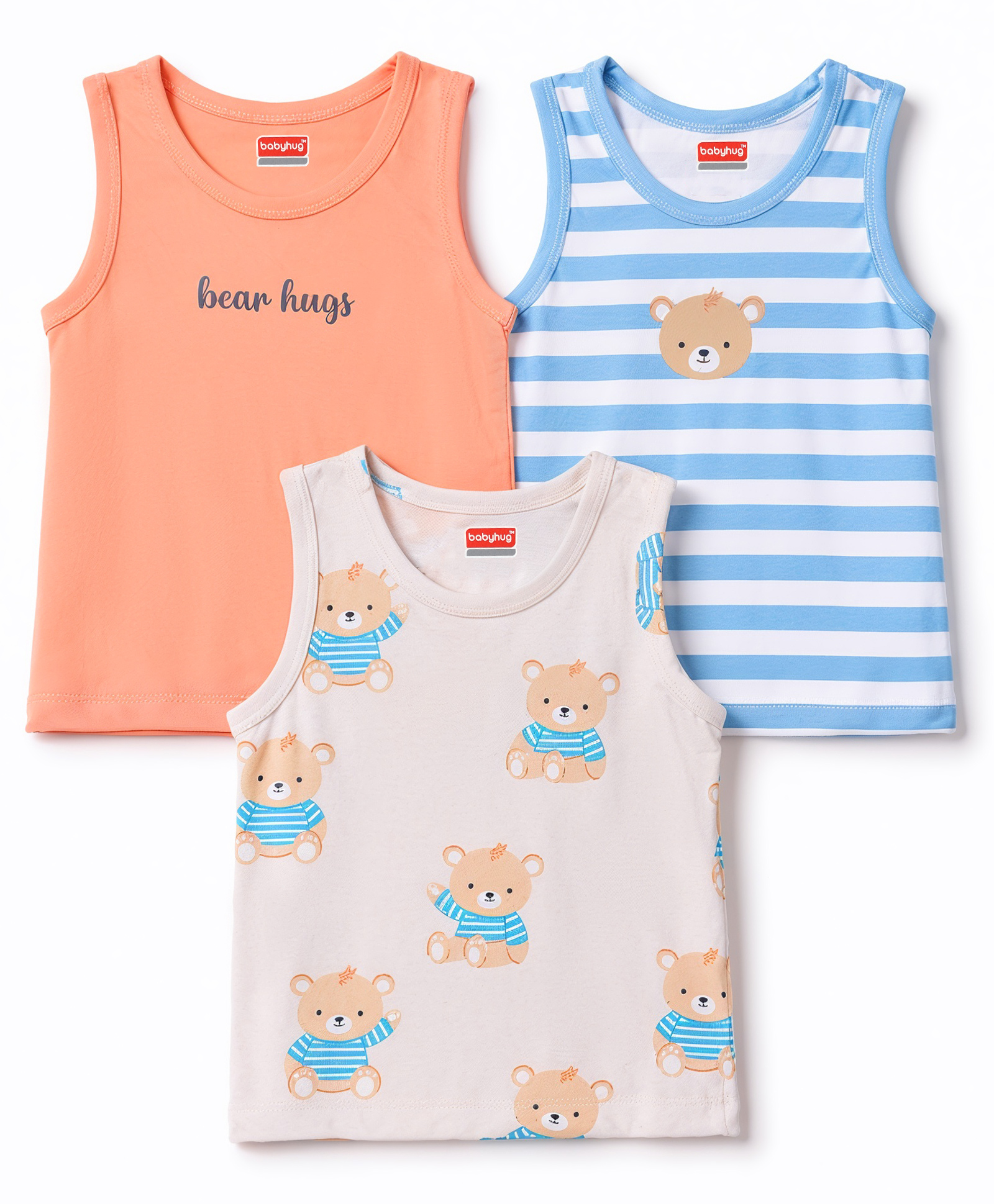 Babyhug Single Jersey Knit Antibacterial Striped Sleeveless Vest with Bear Print Pack of 3 - Blue & Orange-picture-25