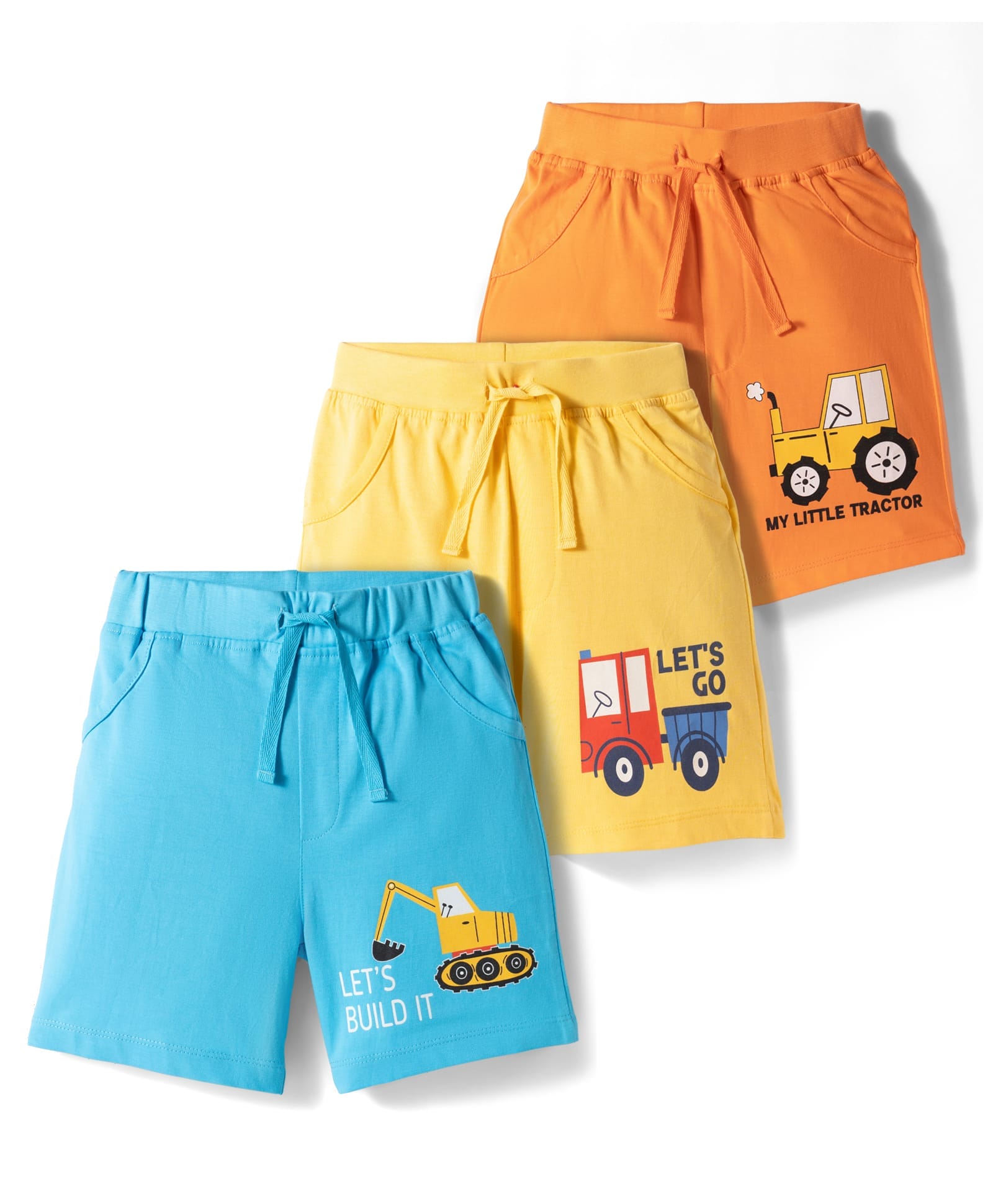 Doodle Poodle 100% Cotton Knit Knee Length Vehicle Printed Shorts Pack of 3 - Yellow Aqua Blue & Orange-image-34