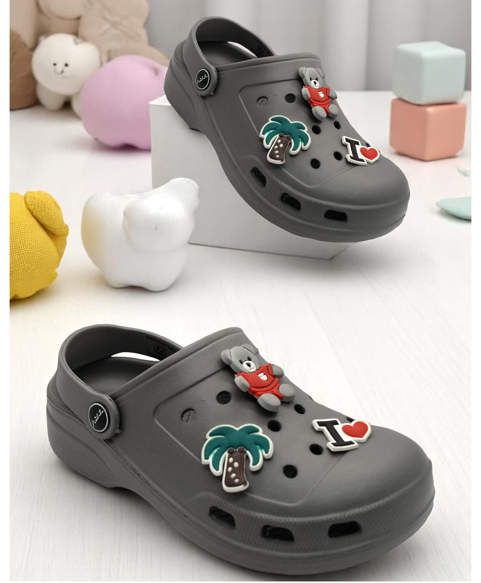 TRV Teddy & Tree Applique Detailed Perforated Slingback Clogs - Grey-picture-11