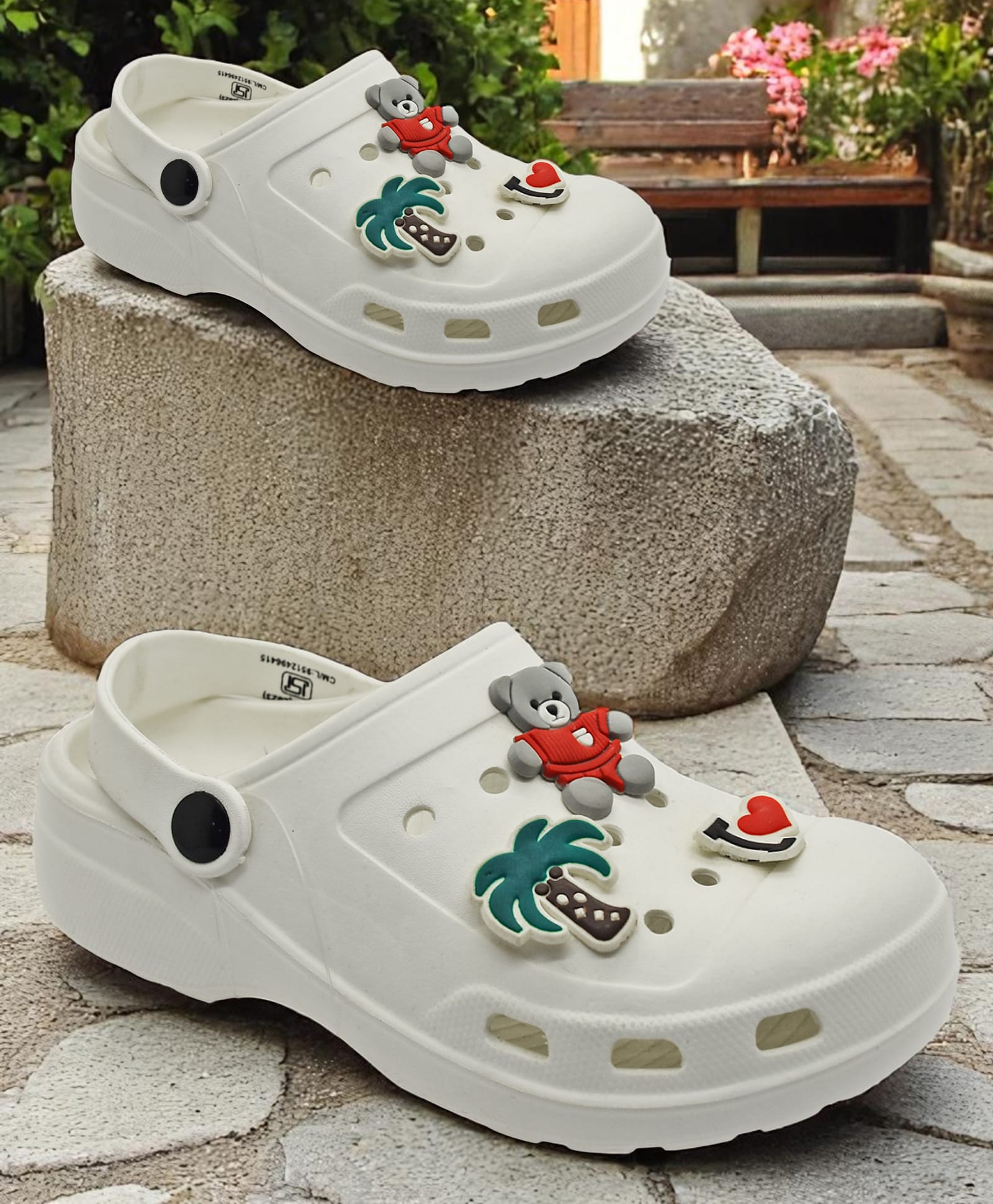 TRV Teddy & Tree Applique Detailed Perforated Slingback Clogs - White-picture-11