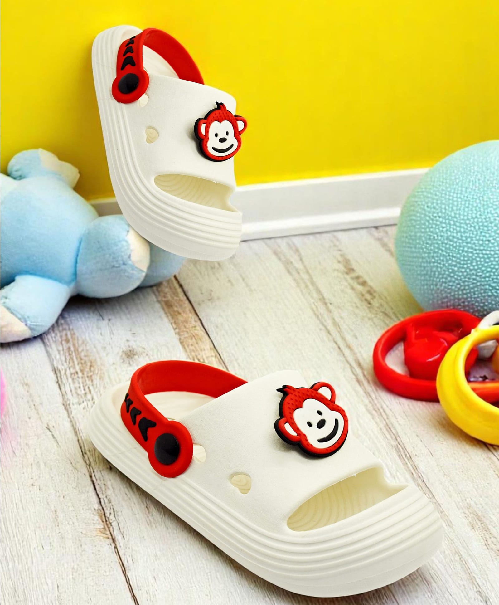 TRV Dinosaurs Monkey Applique Detailed Perforated Slingback Clogs - White-image-47