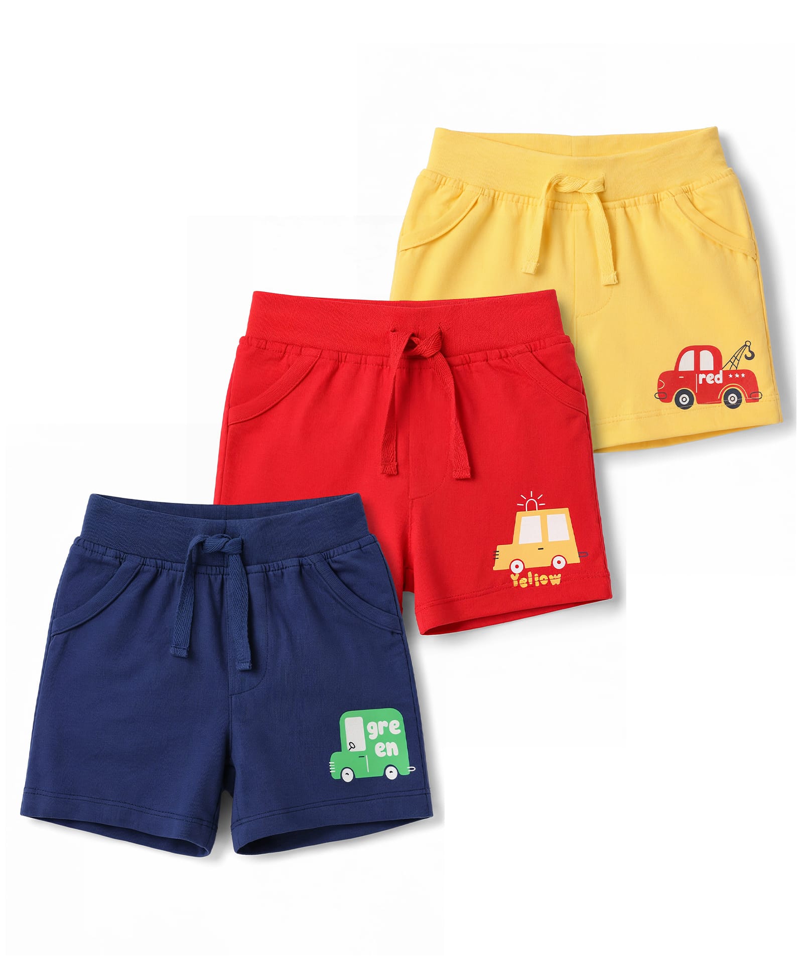 Doodle Poodle 100% Cotton Knit Knee Length Vehicles Printed Shorts Pack Of 3 - Red Yellow & Navy Blue-image-24