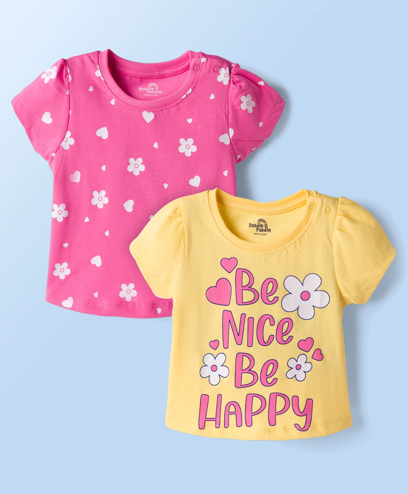 Doodle Poodle 100% Cotton Knit Half Sleeves Floral Printed T-Shirts Pack Of 2 - Pink & Yellow-image-29