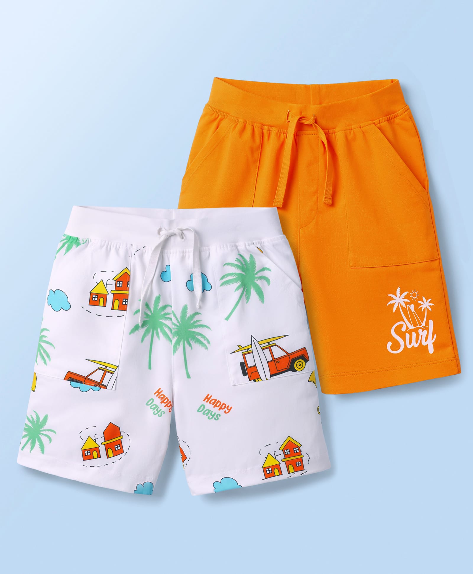 Doodle Poodle 100% Cotton Single Jersey Knit Knee Length Shorts With Surf Print Pack of 2 - White & Orange-picture-18