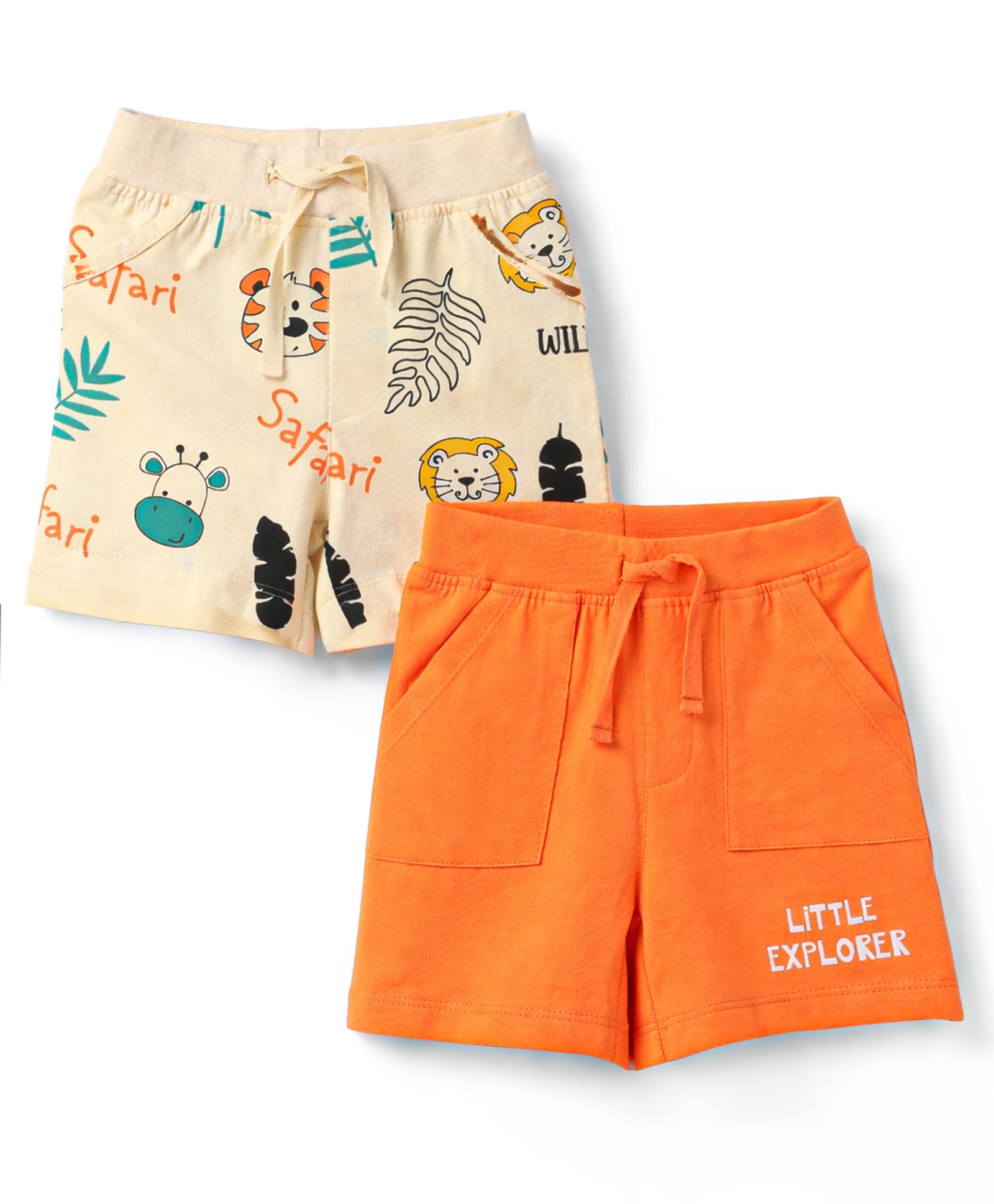 Doodle Poodle 100% Cotton Knit Knee Length Shorts with Animal Print Pack of 2 - Peach & Cream-picture-26