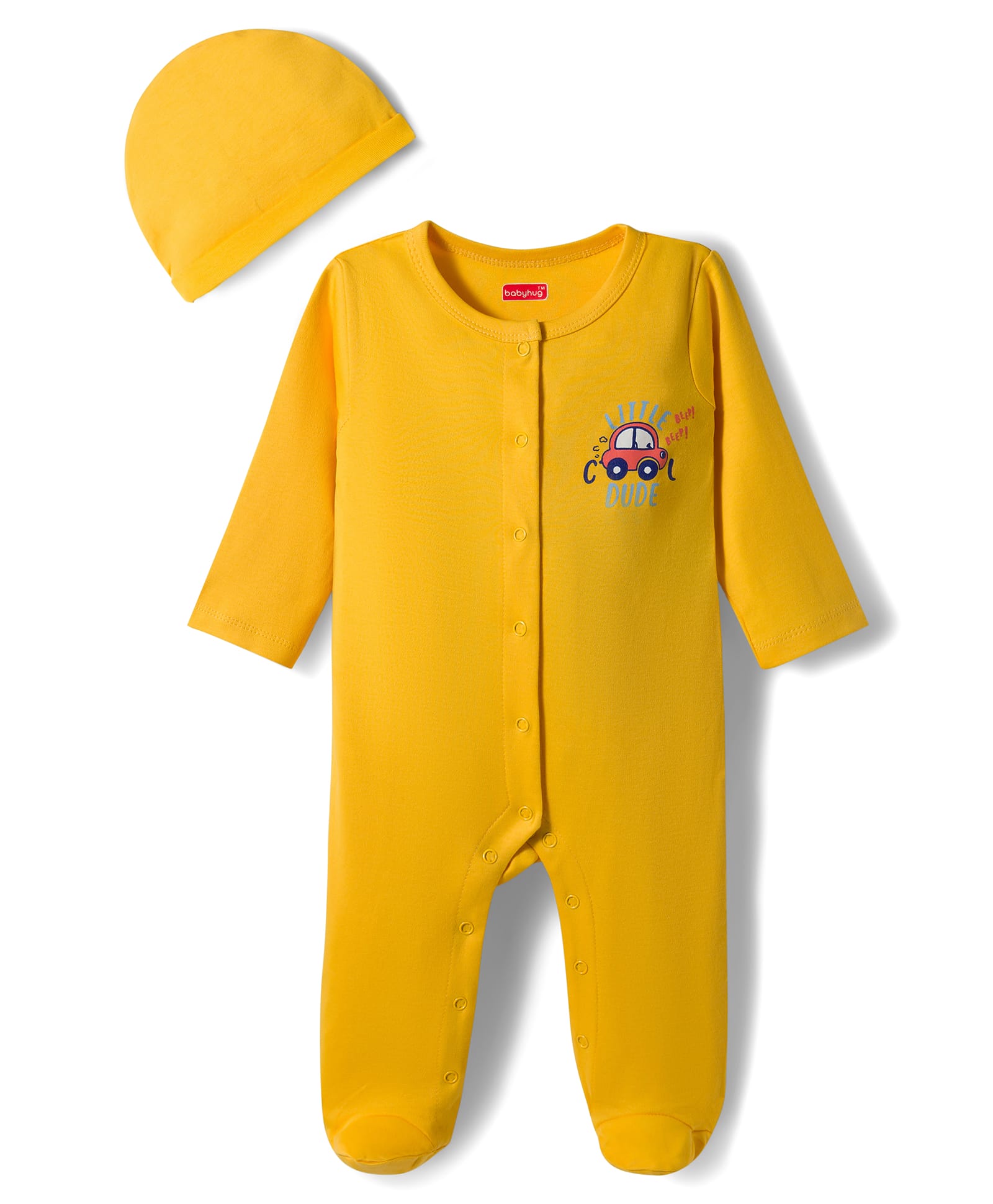 Babyhug Cotton Knit Full Sleeves Front Open Text Printed Footed Sleepsuit with Cap - Yellow