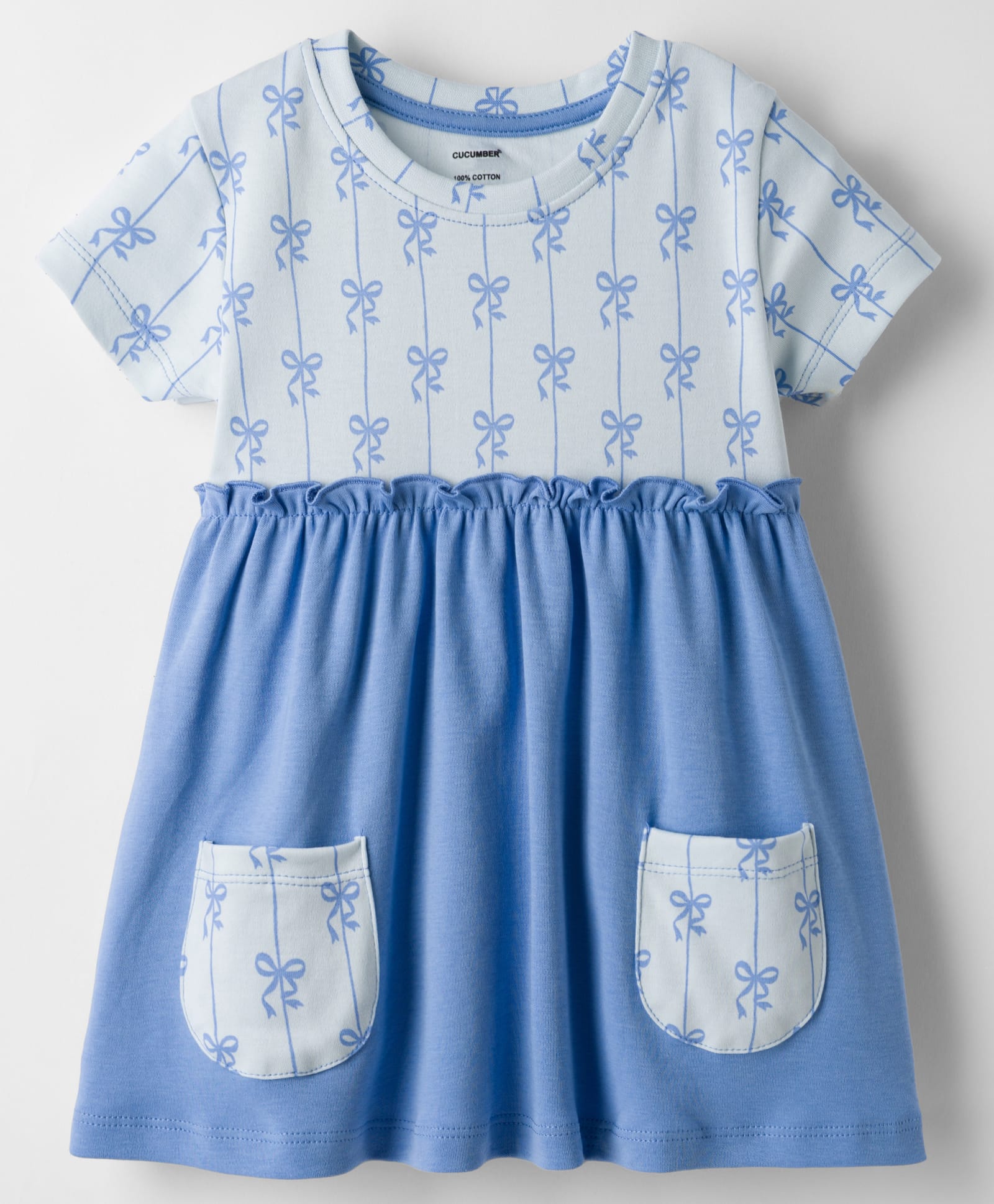 CUCUMBER Sinker Knit Half Sleeves Bow Printed Frock with Attached Pockets - Blue-picture-11