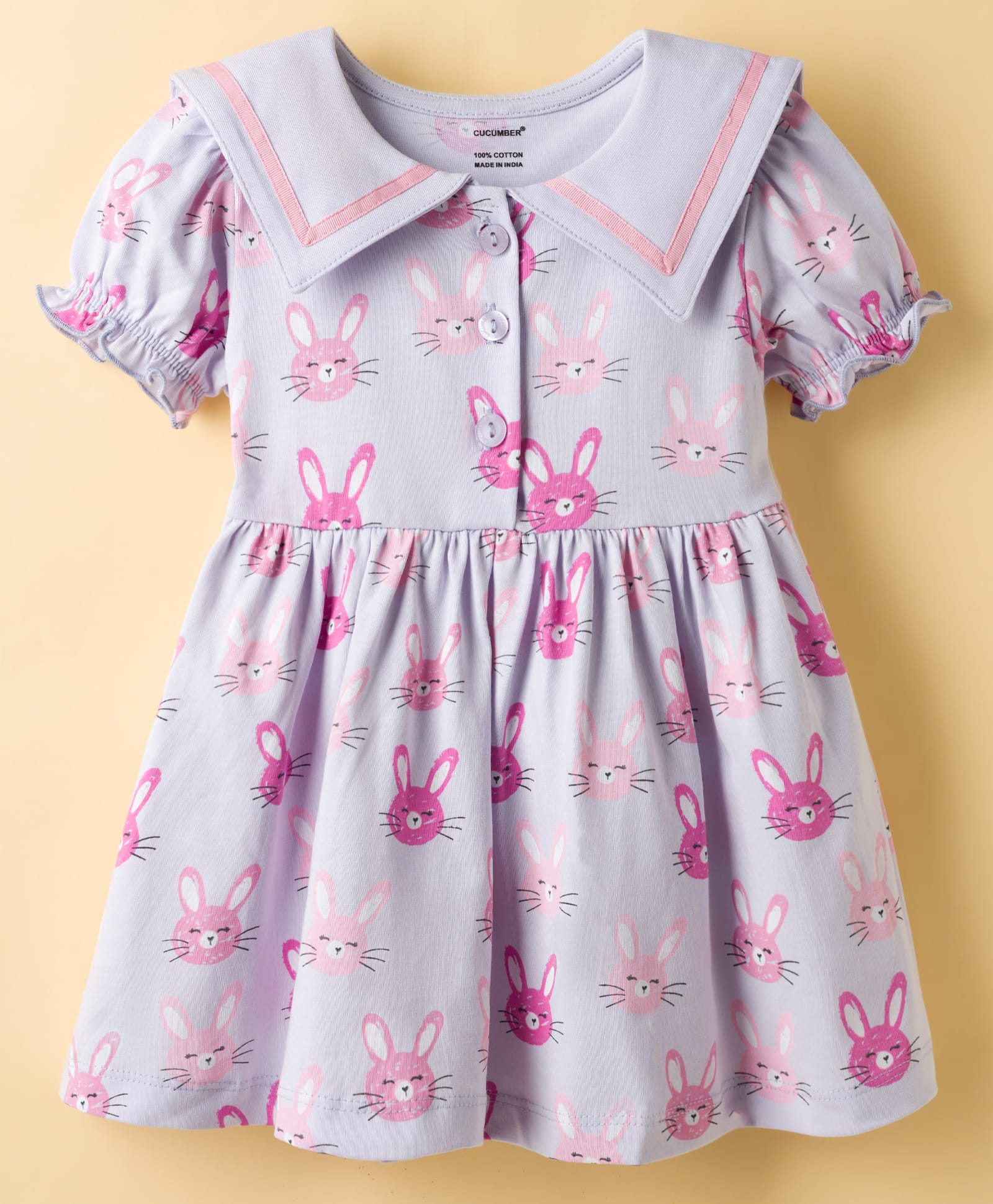 CUCUMBER Sinker Knit Half Puffed Sleeves Bunny Printed Shirt Style Frock - Lilac-image-1