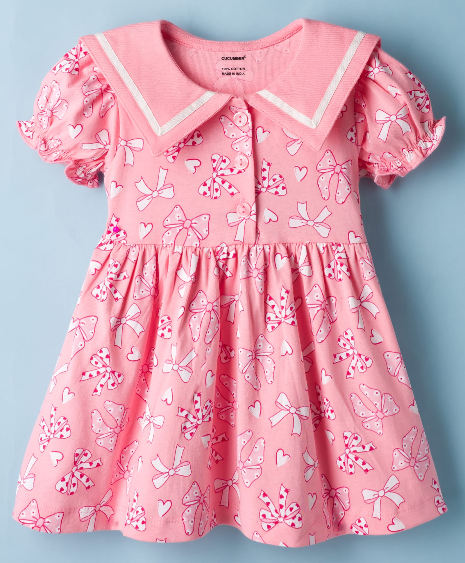 CUCUMBER Sinker Knit Half Puffed Sleeves Bow Printed Shirt Style Frock - Peach-picture-12