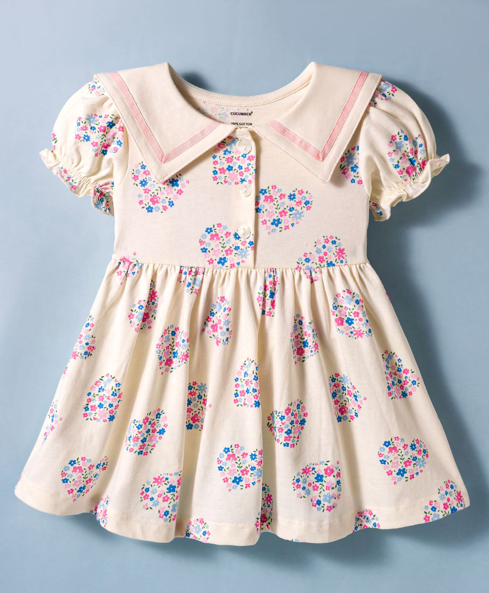 CUCUMBER Sinker Knit Half Puffed Sleeves Frock with Floral Print - Cream-image-13