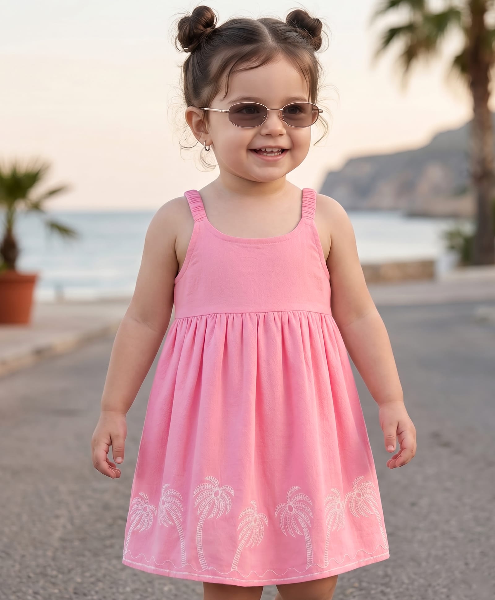 Babyhug Cotton Woven Sleeveless Palm Tree Embroidered Frock - Pink-image-1