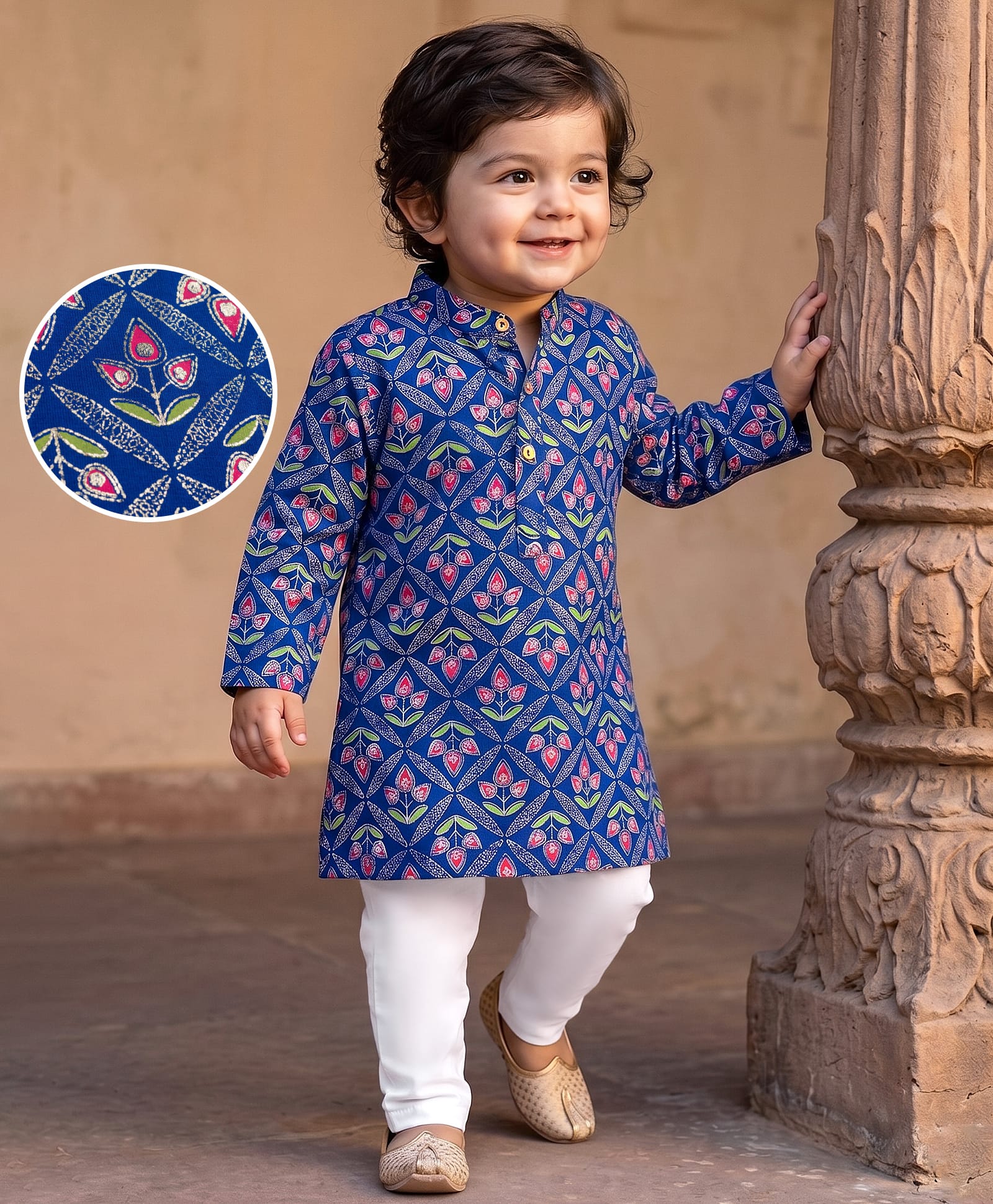 EARTHY TOUCH 100% Cotton Knit Full Sleeves Floral Foil Printed Kurta & Pyjama Set - Blue-image-21