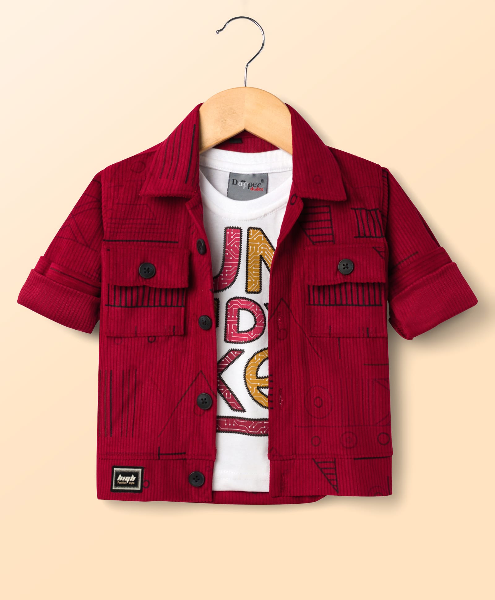 Dapper Dudes Woven Full Sleeves Corduroy Printed Jacket With Inner Tee - Maroon-image-46