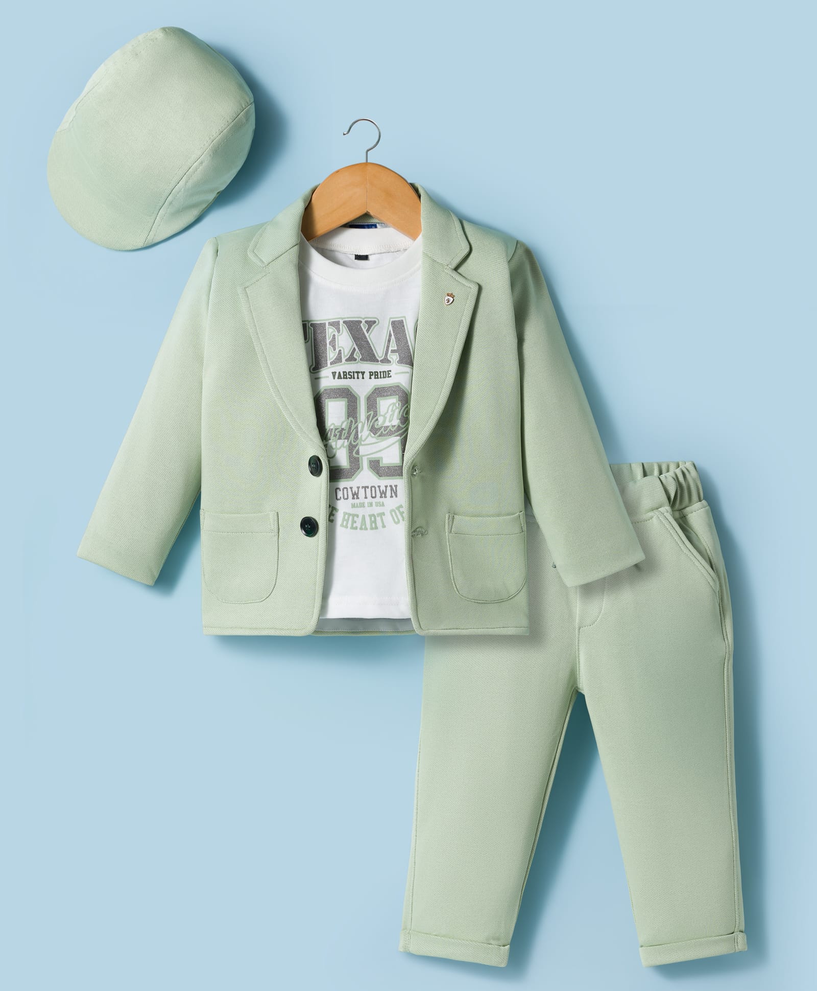 Dapper Dudes Woven Full Sleeves Textured Blazer With Typographic Tee Cap & Trouser Set - Light Green