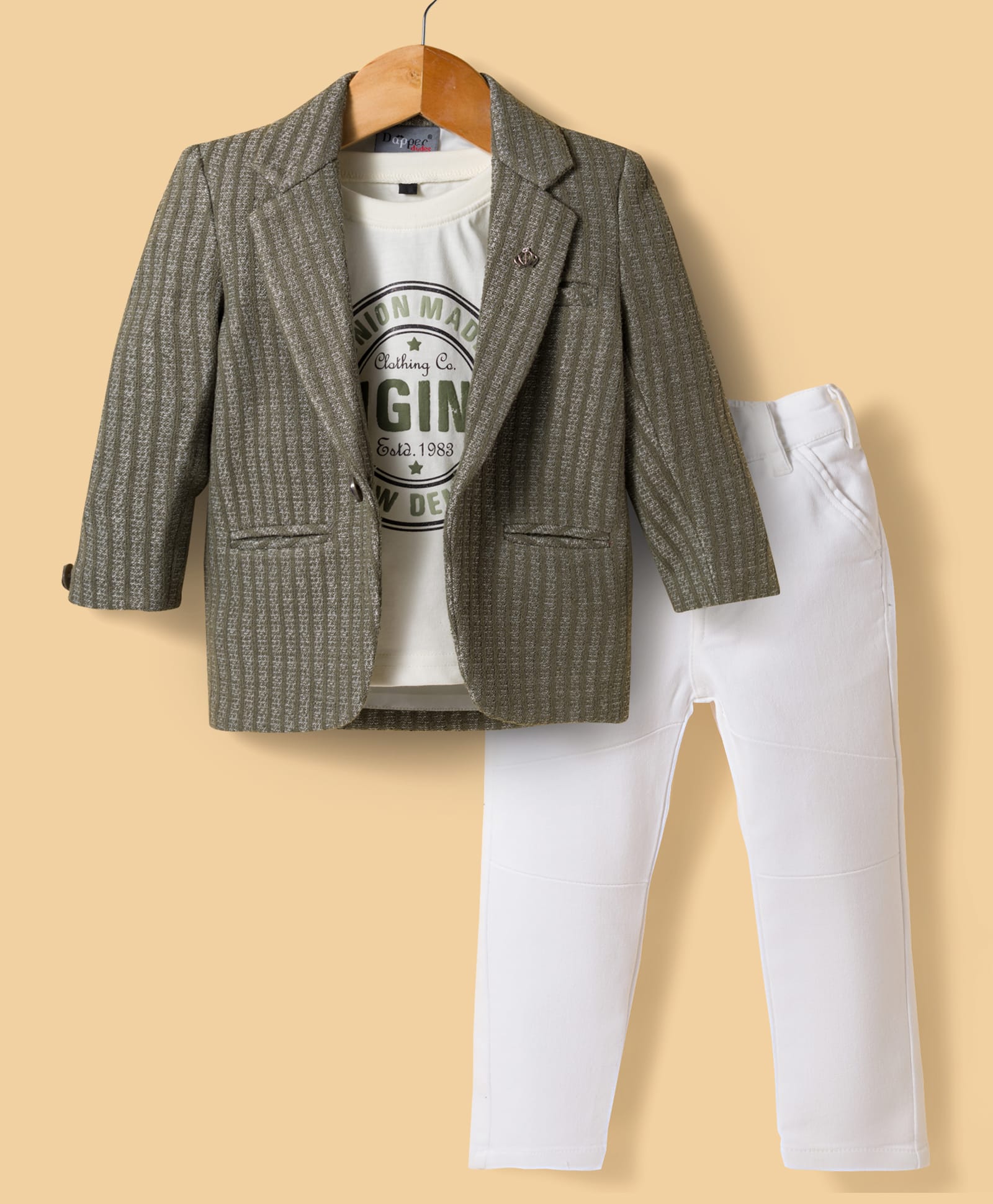 Dapper Dudes Woven Full Sleeves Striped Blazer With Typographic Tee & Trouser Set - Green-picture-38