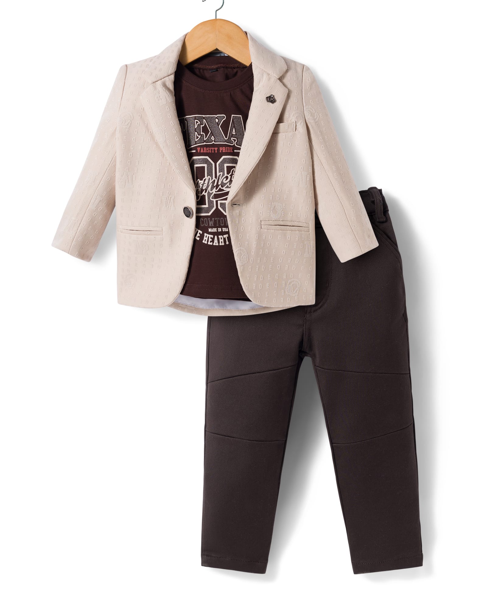 Dapper Dudes Woven Full Sleeves Textured Blazer With Typographic Tee & Trouser Set - Off White-image-7