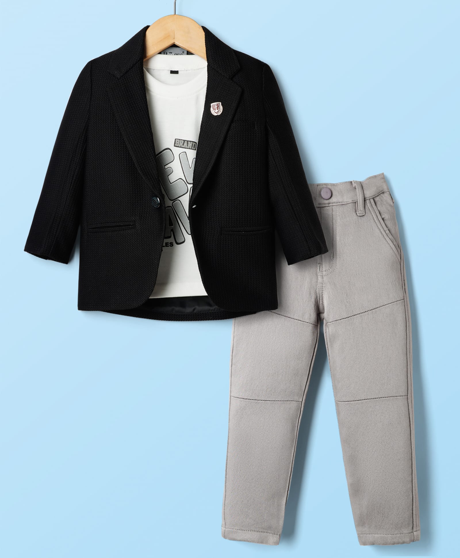 Dapper Dudes Woven Full Sleeves Textured Blazer With Typographic Tee & Pant Set - Black-image-48
