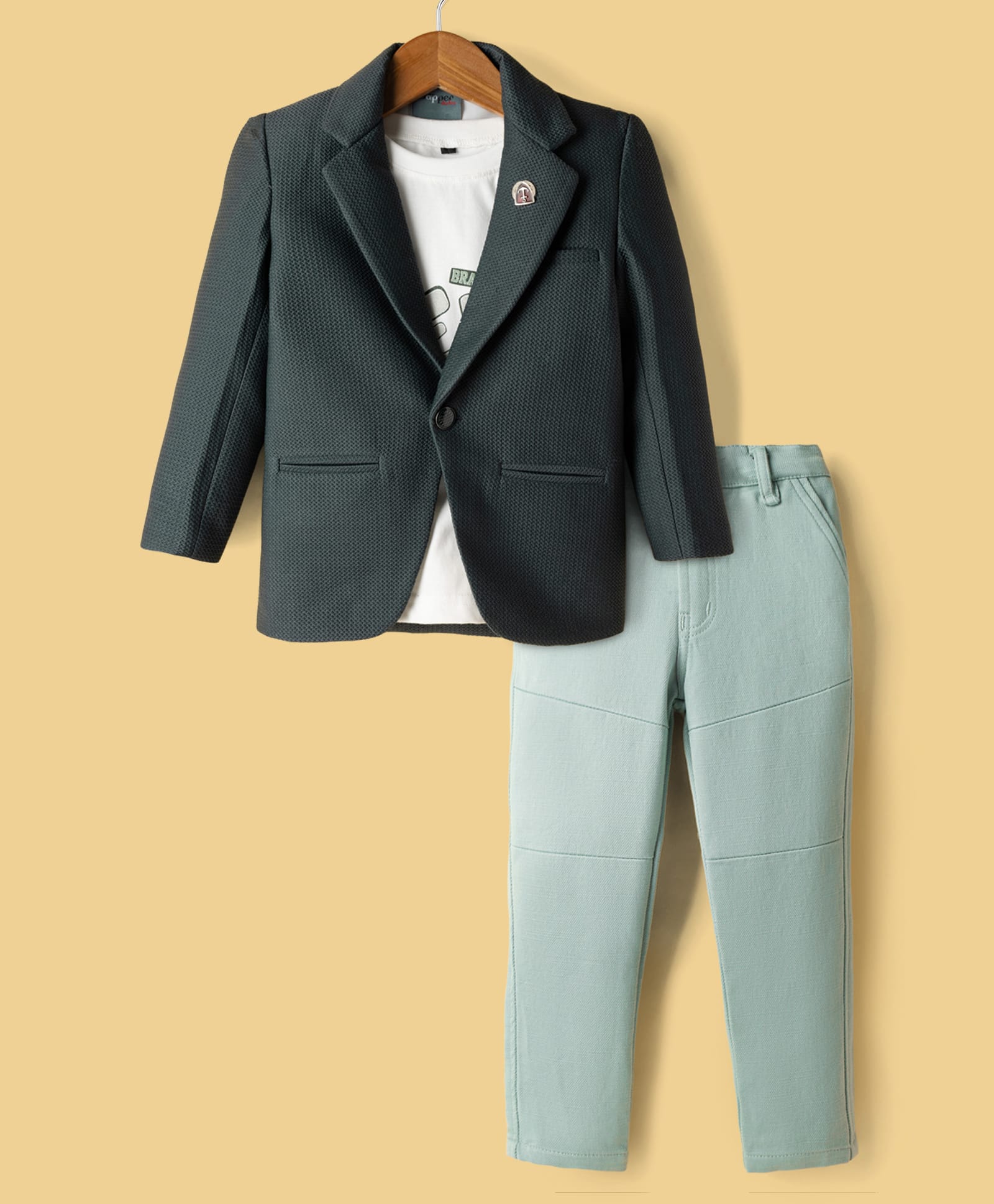 Dapper Dudes Woven Full Sleeves Textured Blazer With Typographic Tee & Pant Set - Teal Green-image-28