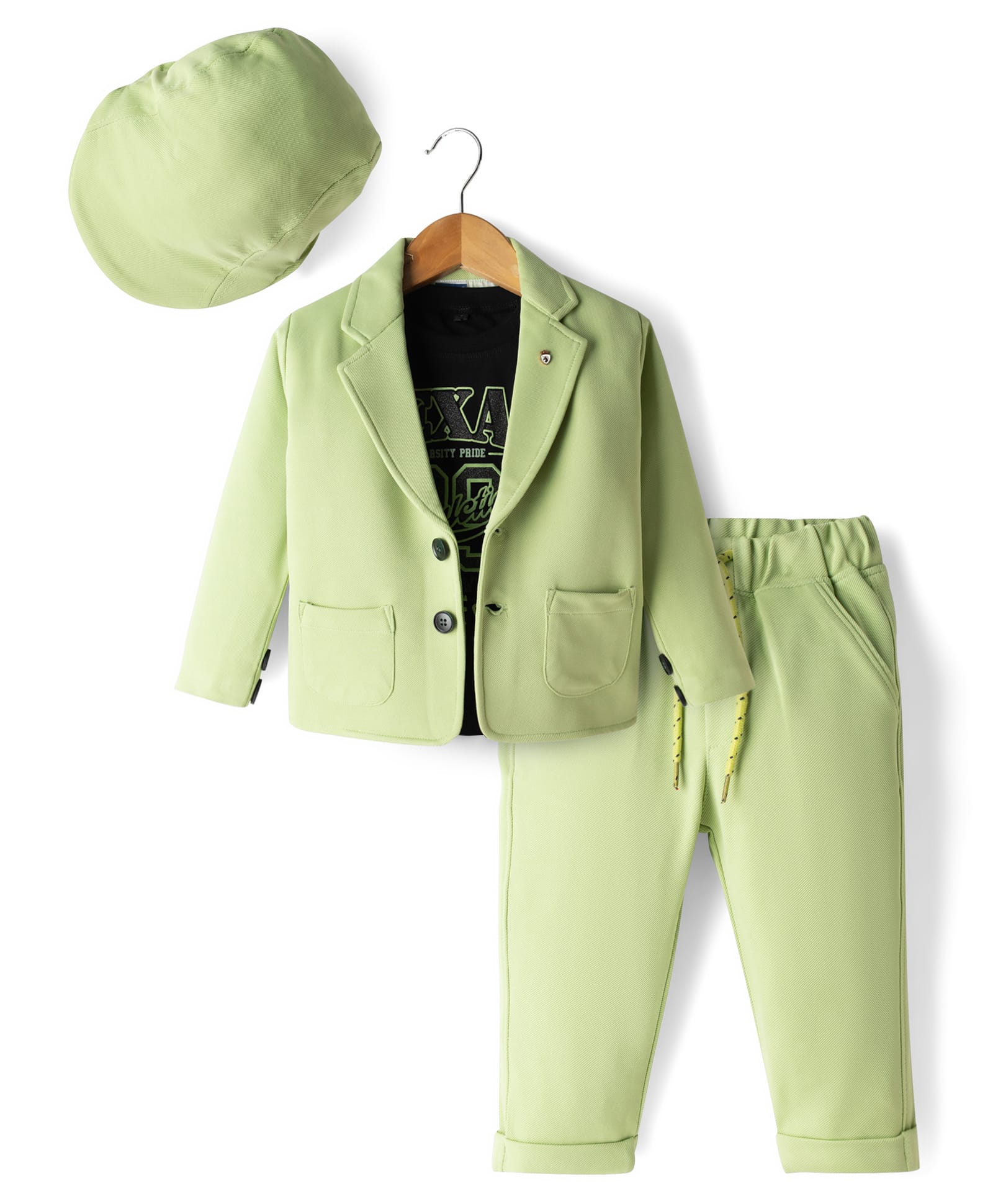 Dapper Dudes Woven Full Sleeves Textured Blazer With Typographic Tee Cap & Pant Set - Light Green-picture-20