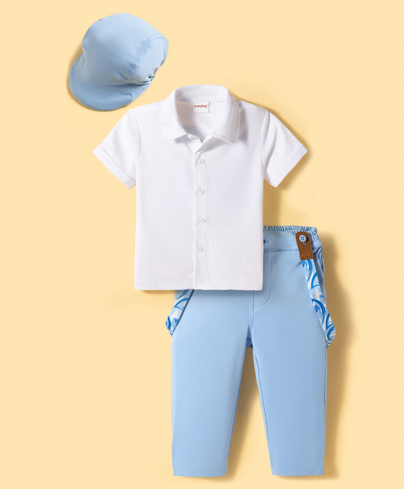 Babyhug Knit Full Sleeves Solid Color Party Shirt & Trouser Set with Bow Suspender & Cap - Light Blue-picture-15