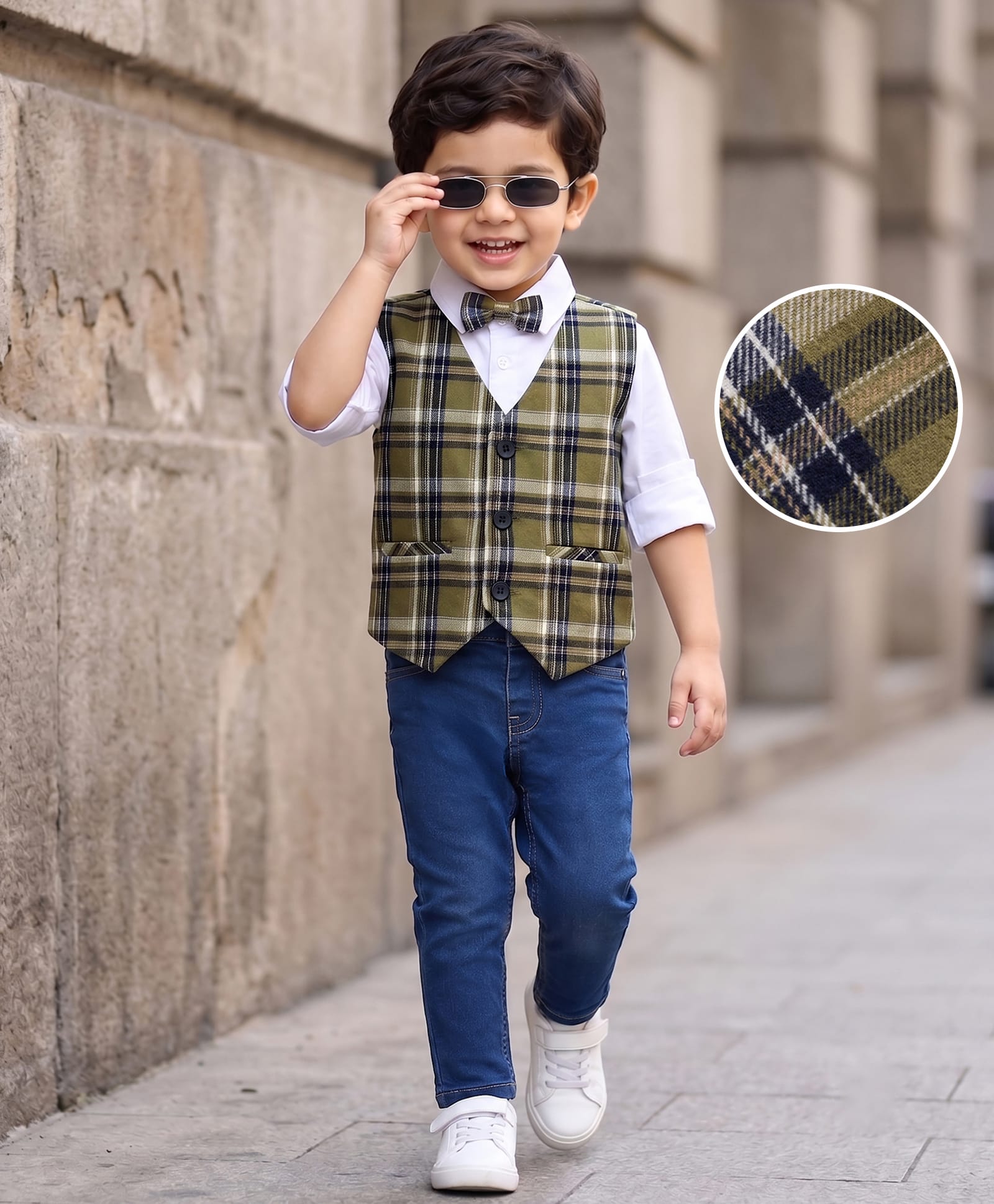 Babyhug Knit Full Sleeves Checks 3 Piece Party Suit With Bow - Green-image-32