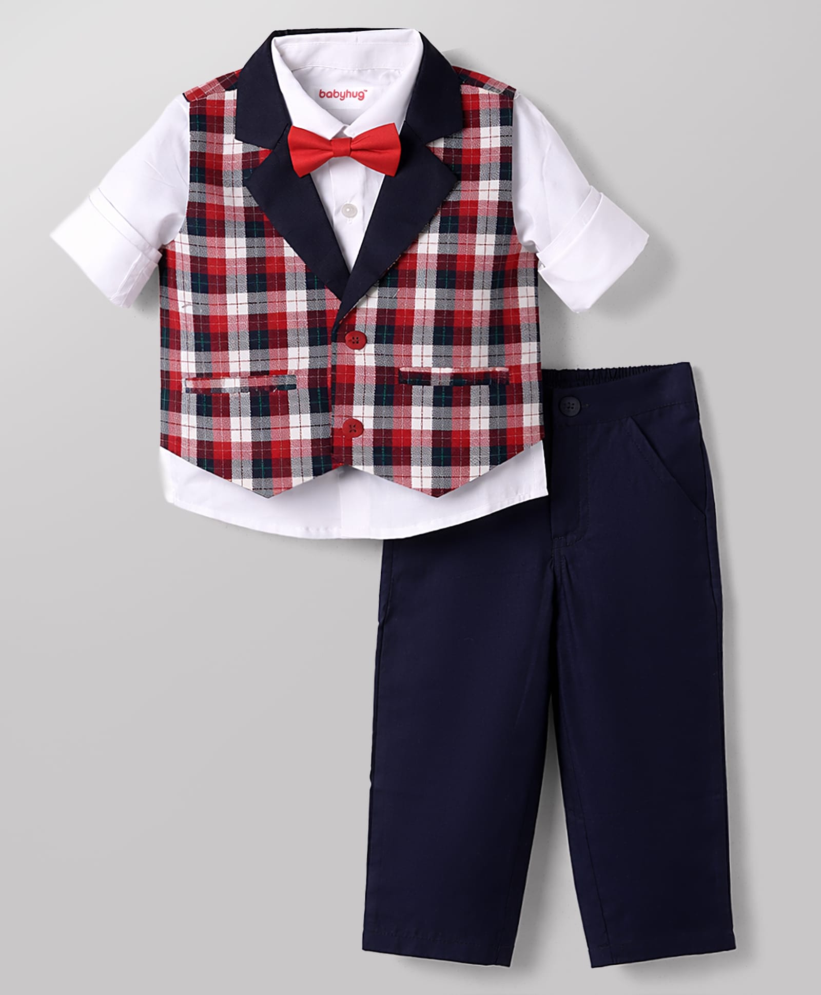 Babyhug Knit Full Sleeves Checks 3 Piece Party Suit With Bow - Red-image-6