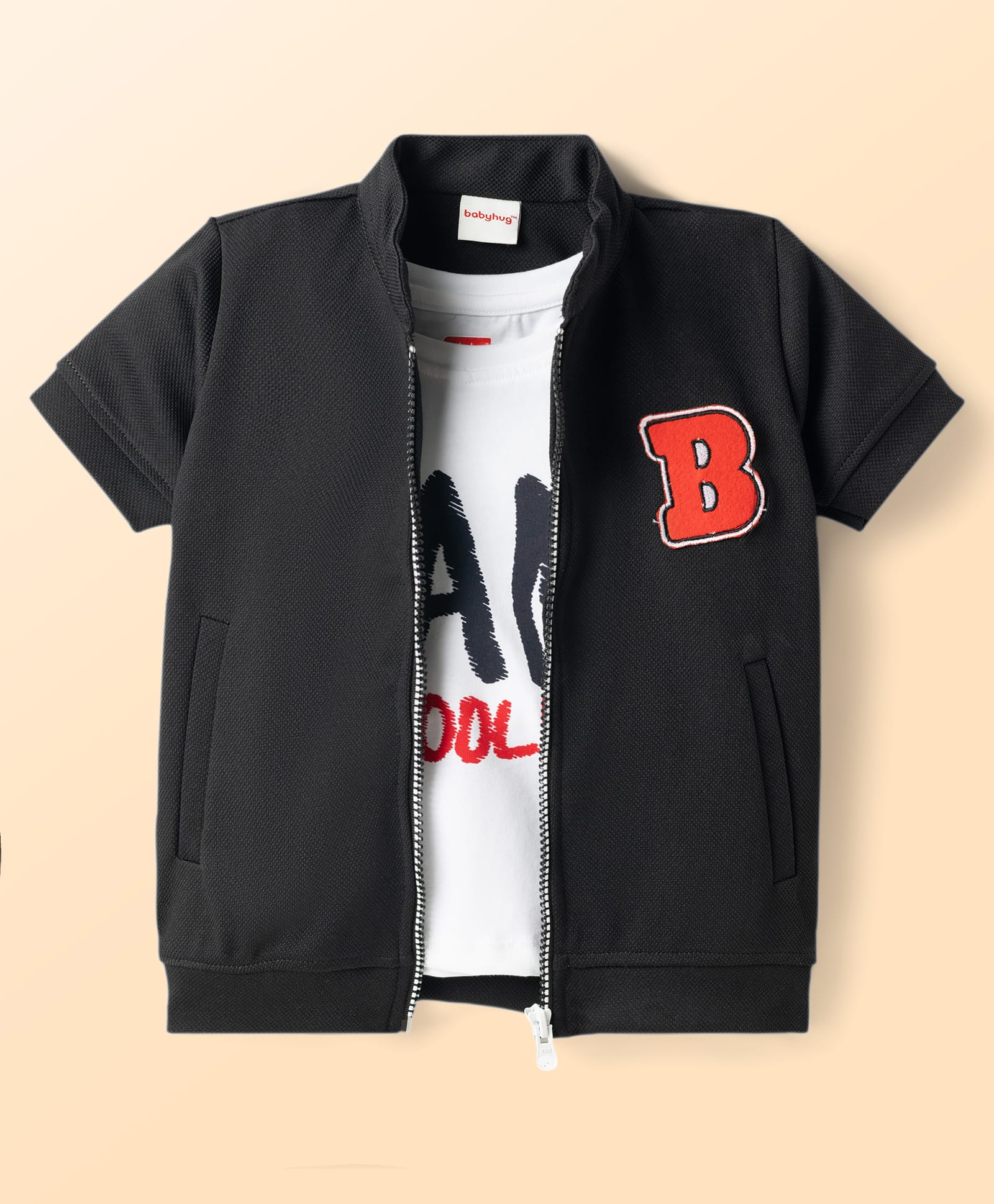 Babyhug Knitted Half Sleeves Jacket With Text Printed Inner Tee - Black-image-28