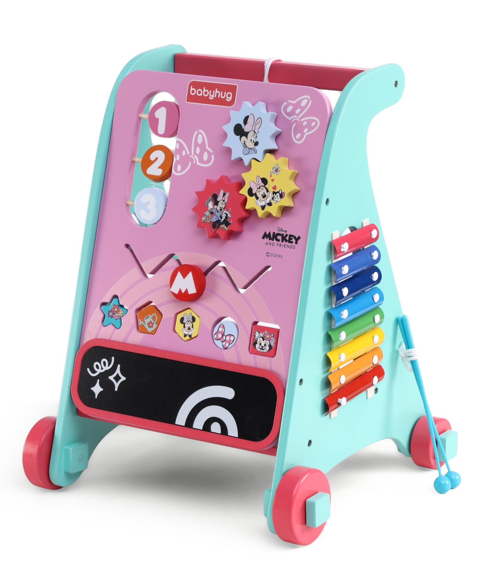 Babyhug Disney Minnie Mouse Wooden Activity Walker with Xylophone and 6 Activities - Pink| Baby Safe Material| Engaging Activity Toys-image-14