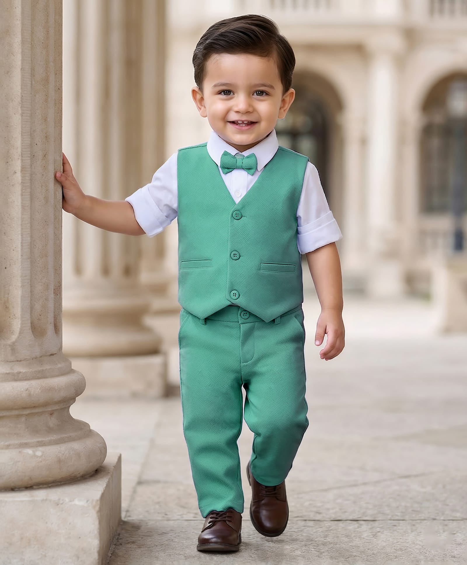 Babyhug Knit Full Sleeves Stretchable Solid 3 Piece Party Suit With Bow - Mint-image-48