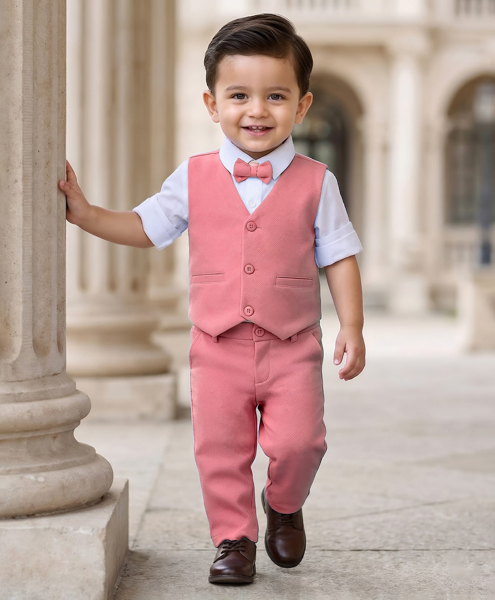 Babyhug Knit Full Sleeves Stretchable Solid 3 Piece Party Suit With Bow - Pink-picture-28