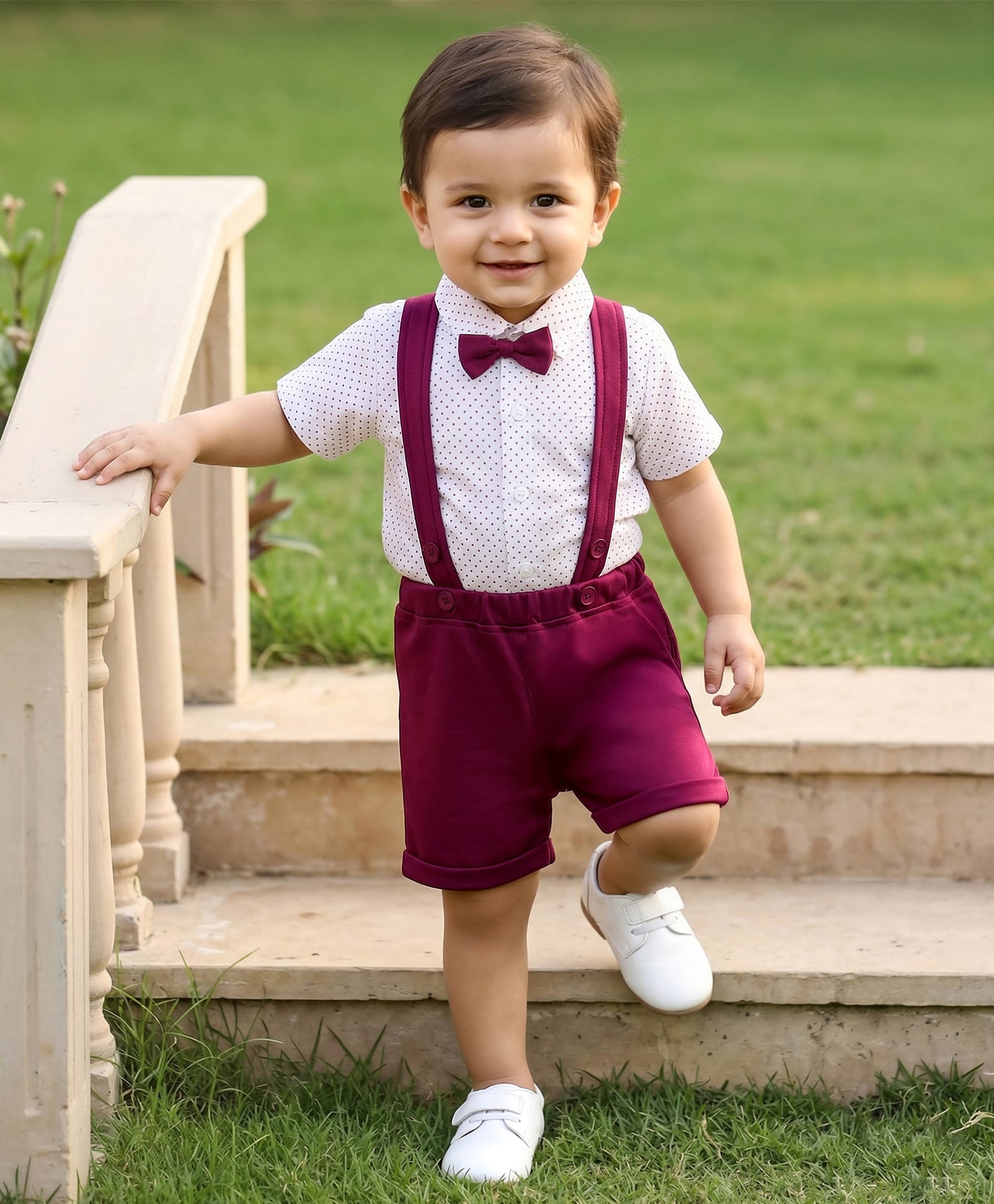 Babyhug Knit Half Sleeves Polka Dot Printed Party Shirt & Shorts Set With Bow & Suspender - Maroon & White-image-25