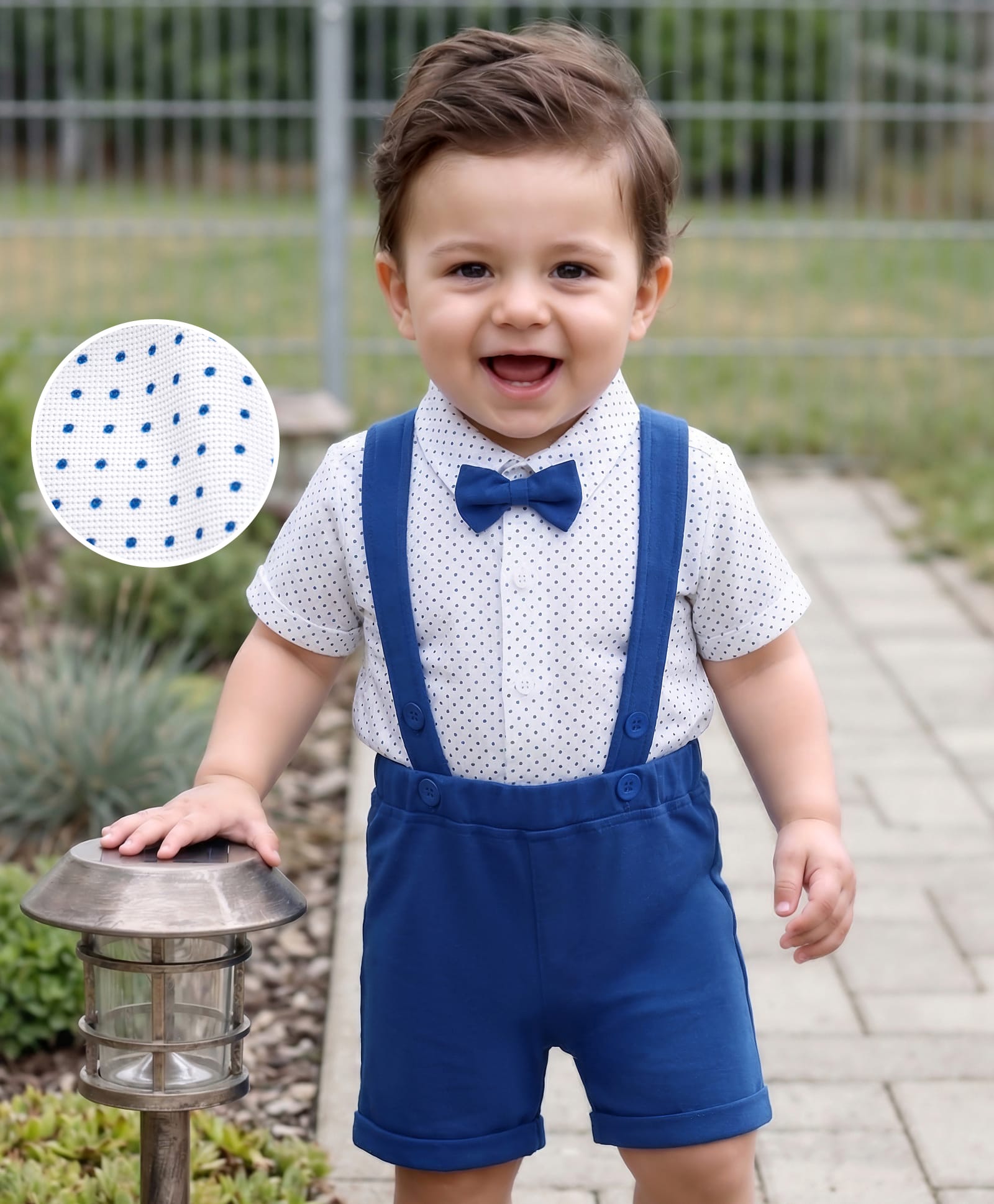 Babyhug Knit Half Sleeves Polka Dot Printed Party Shirt & Shorts Set With Bow & Suspender - Teal Blue & White-image-37