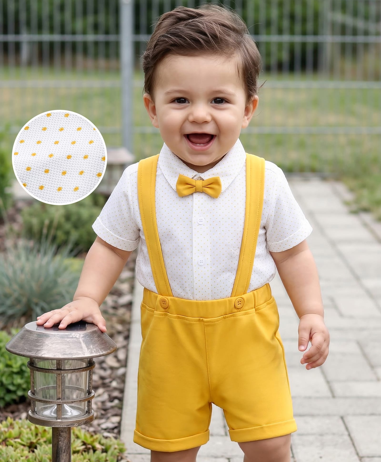 Babyhug Knit Half Sleeves Polka Dot Printed Party Shirt & Shorts Set With Bow & Suspender - Mustard & White-image-2