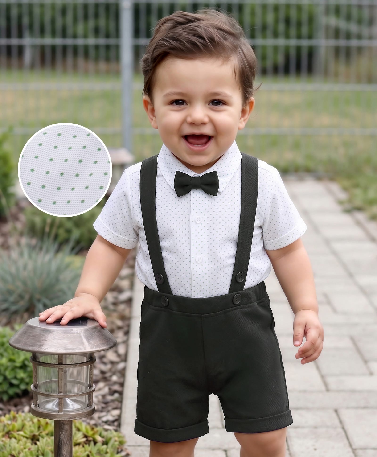 Babyhug Knit Half Sleeves Polka Dot Printed Party Shirt & Shorts Set With Bow & Suspender - Olive Green & White-image-17