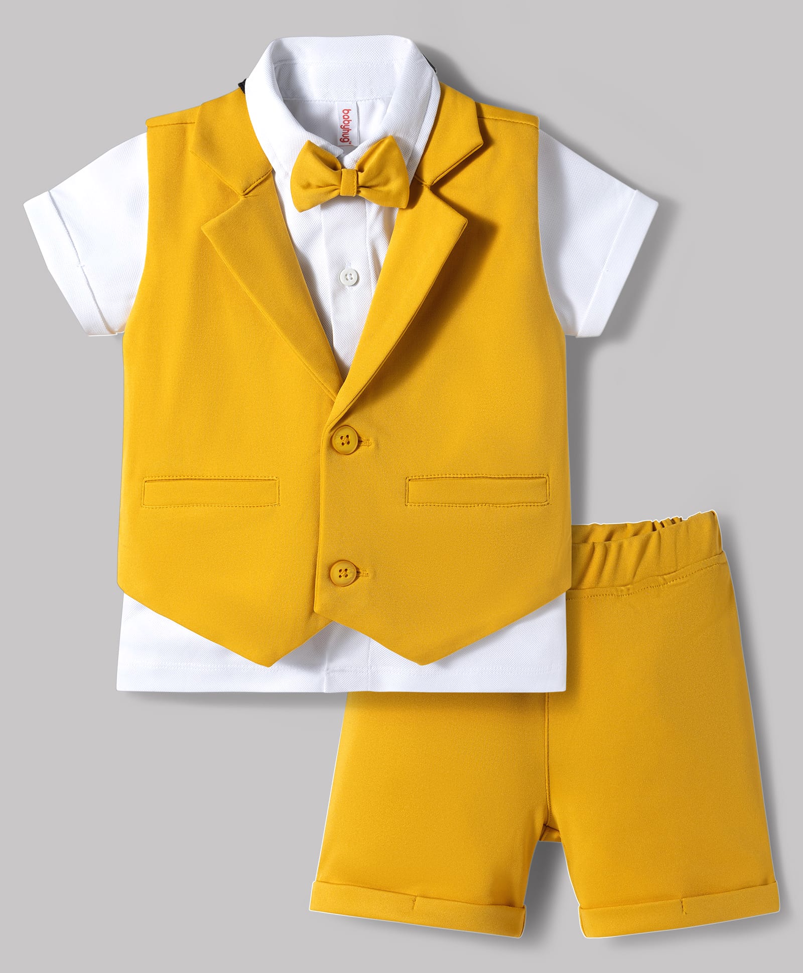 Babyhug Knit Half Sleeves Solid 3 Piece Party Suit With Bow - Mustard-picture-19