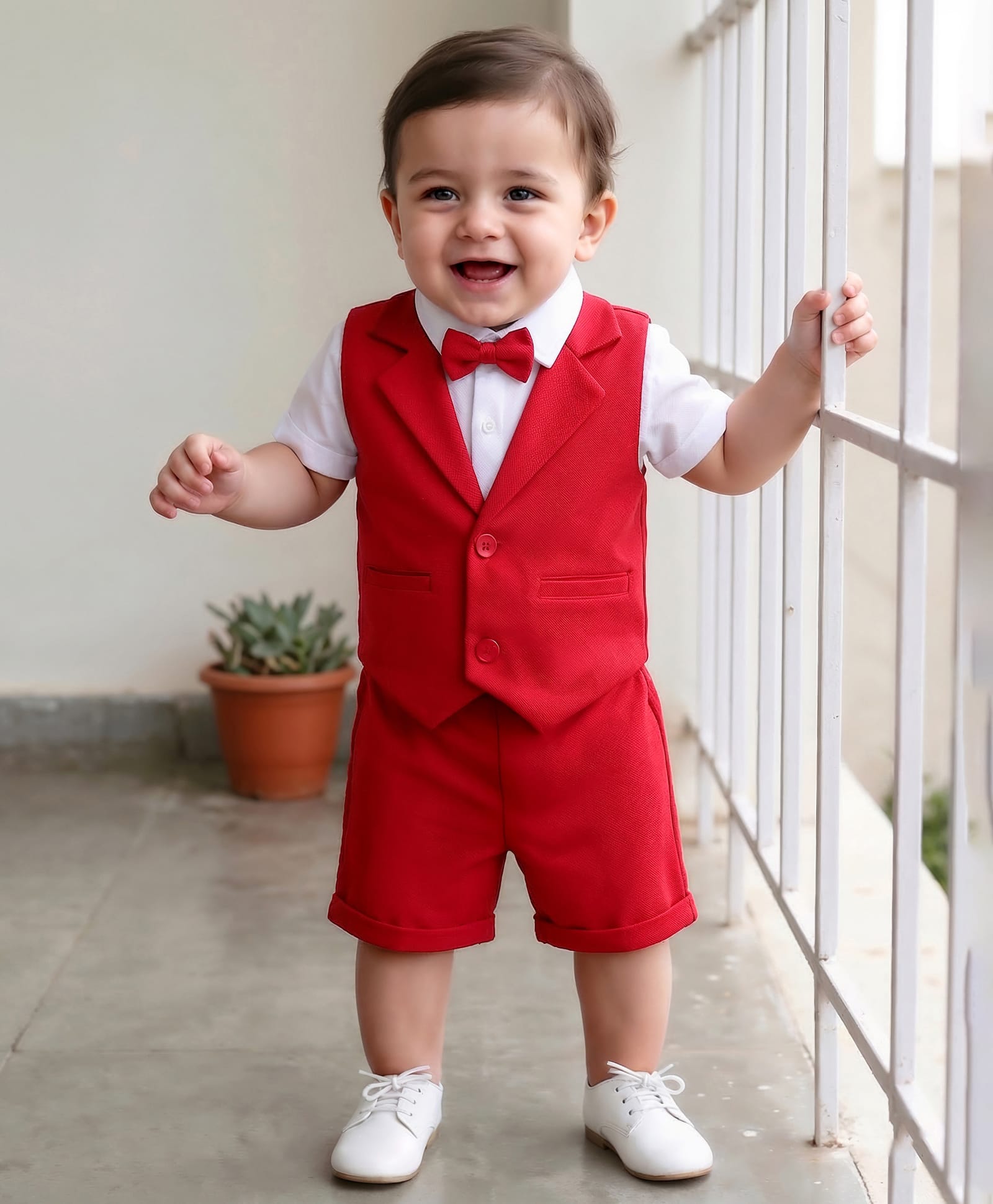 Babyhug Knit Half Sleeves Solid 3 Piece Party Suit With Bow - Red-image-15