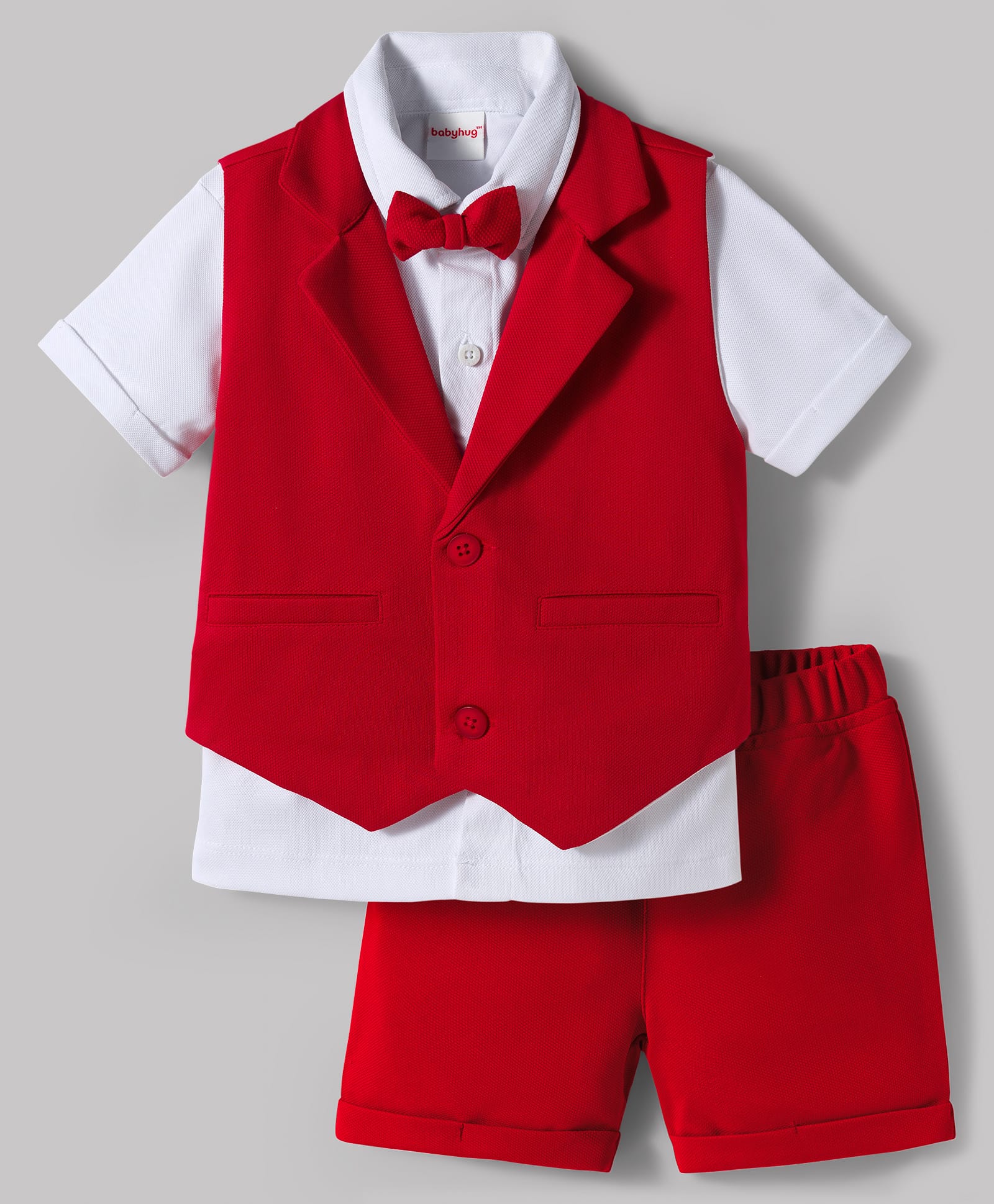 Babyhug Knit Half Sleeves Solid 3 Piece Party Suit With Bow - Red
