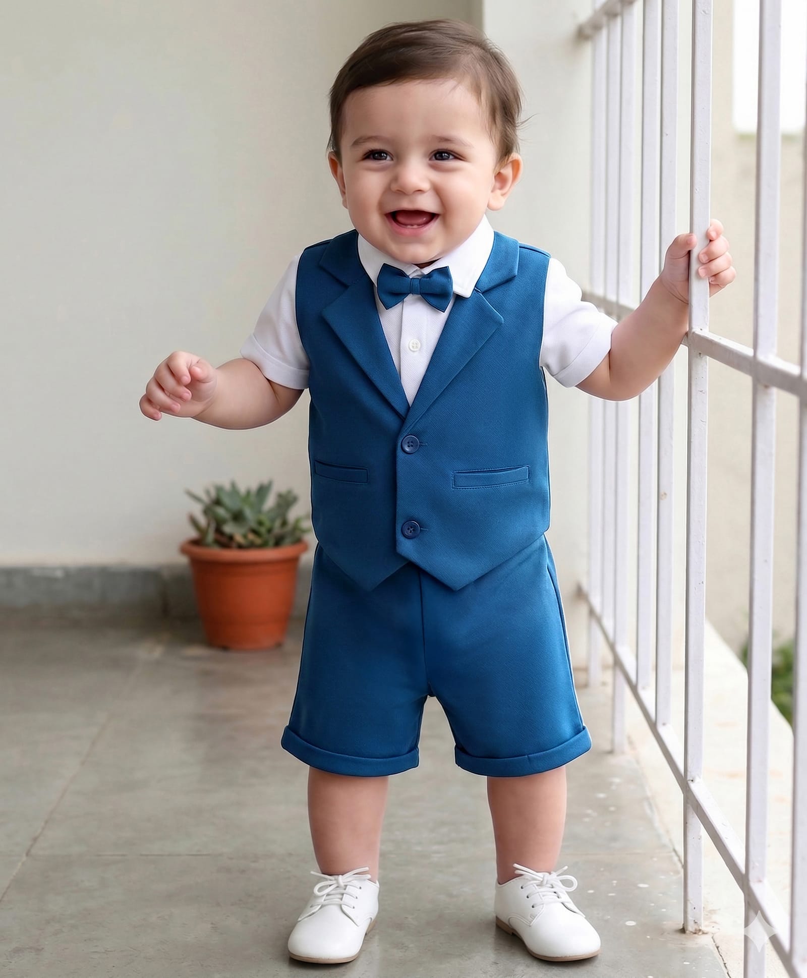 Babyhug Knit Half Sleeves Solid 3 Piece Party Suit With Bow - Blue-image-19