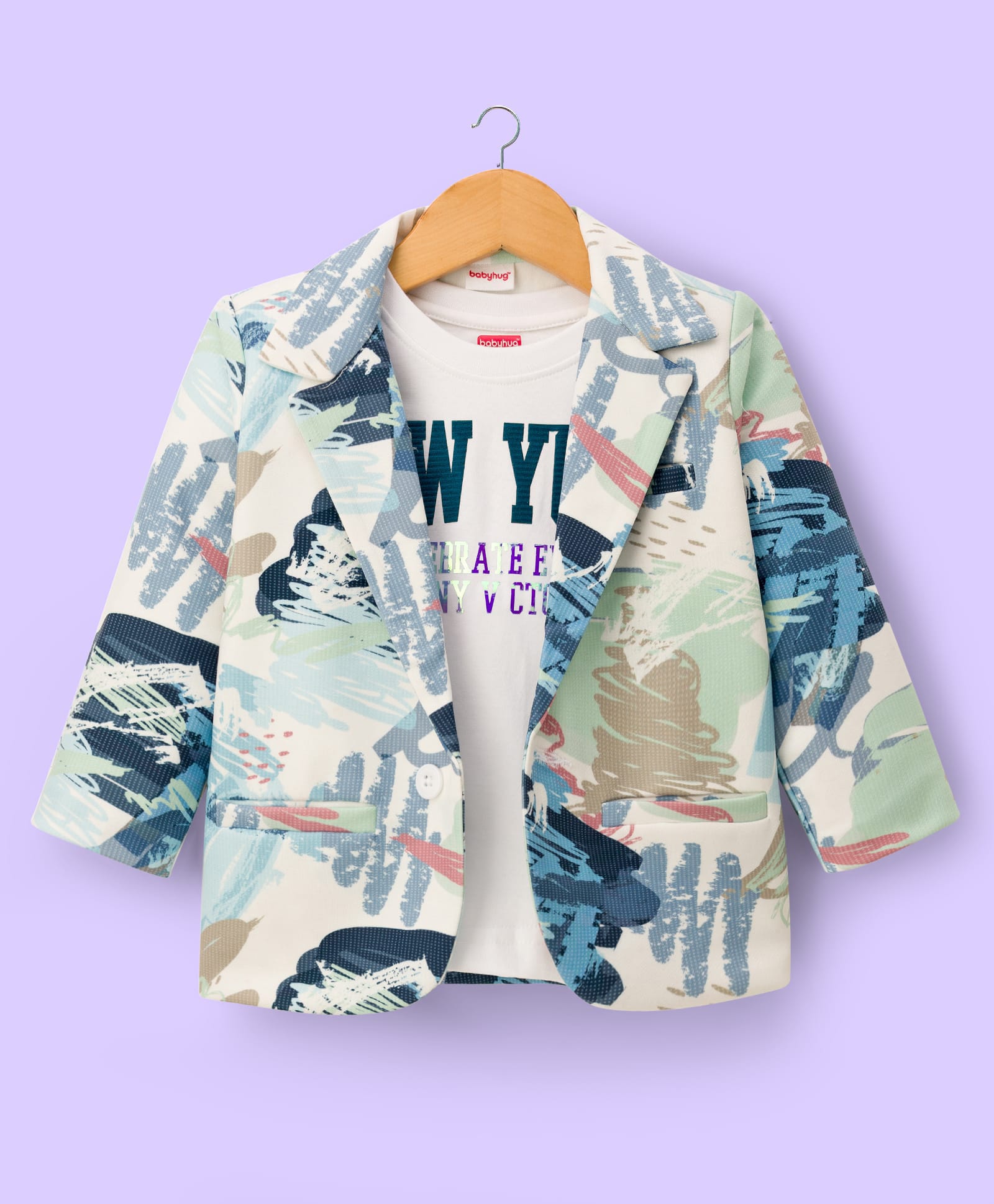 Babyhug Knit Full Sleeves Abstract Printed Blazer with Text Printed T-Shirt - Multicolour-image-32