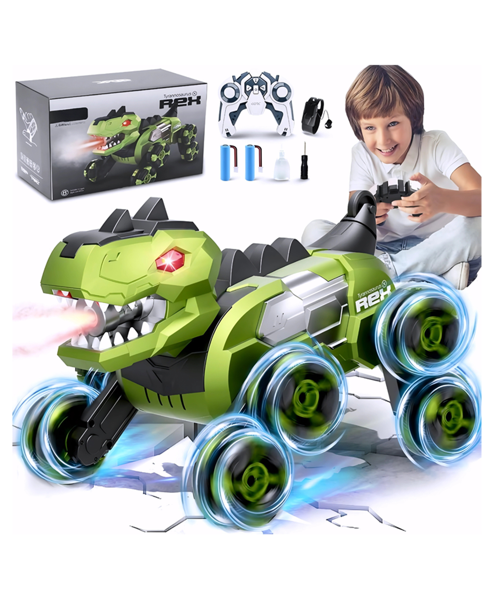 Elecart Dinosaur Remote Control Car for Kids (3 12 Years) | 8WD Monster RC Truck with 360° Rotation, Spray Mist, Lights & Roaring Sound | 2.4GHz All-Terrain Stunt RC Car (Pack 1 Random Colour)-image-2